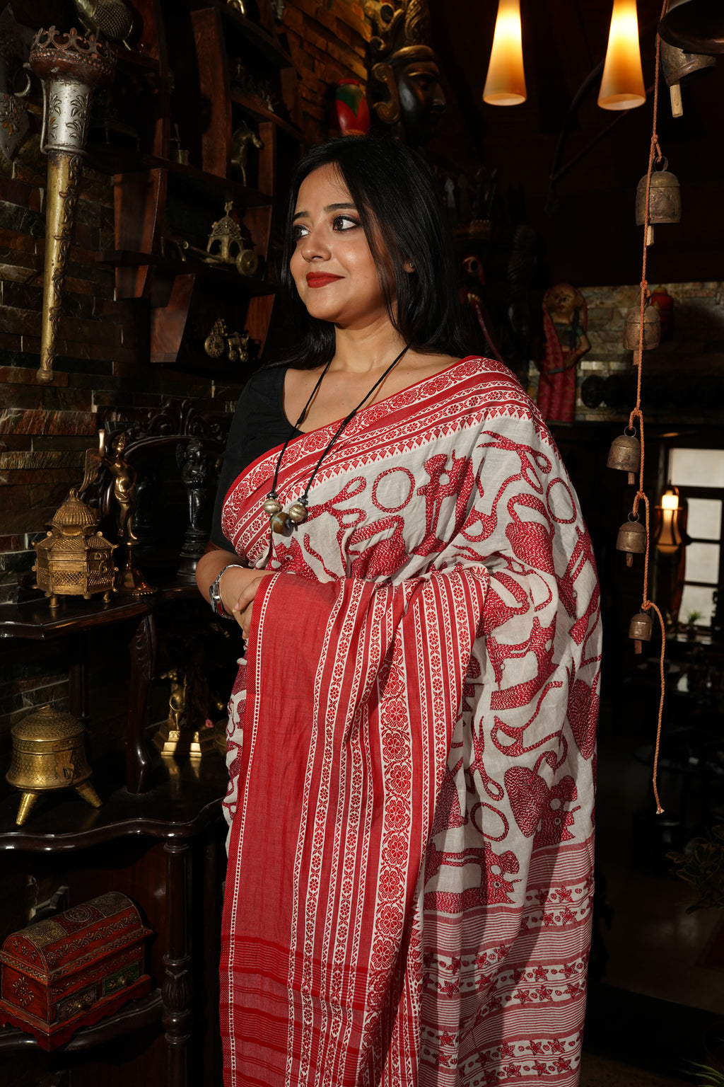 Handwoven Cotton Saree With Red Kantha Work