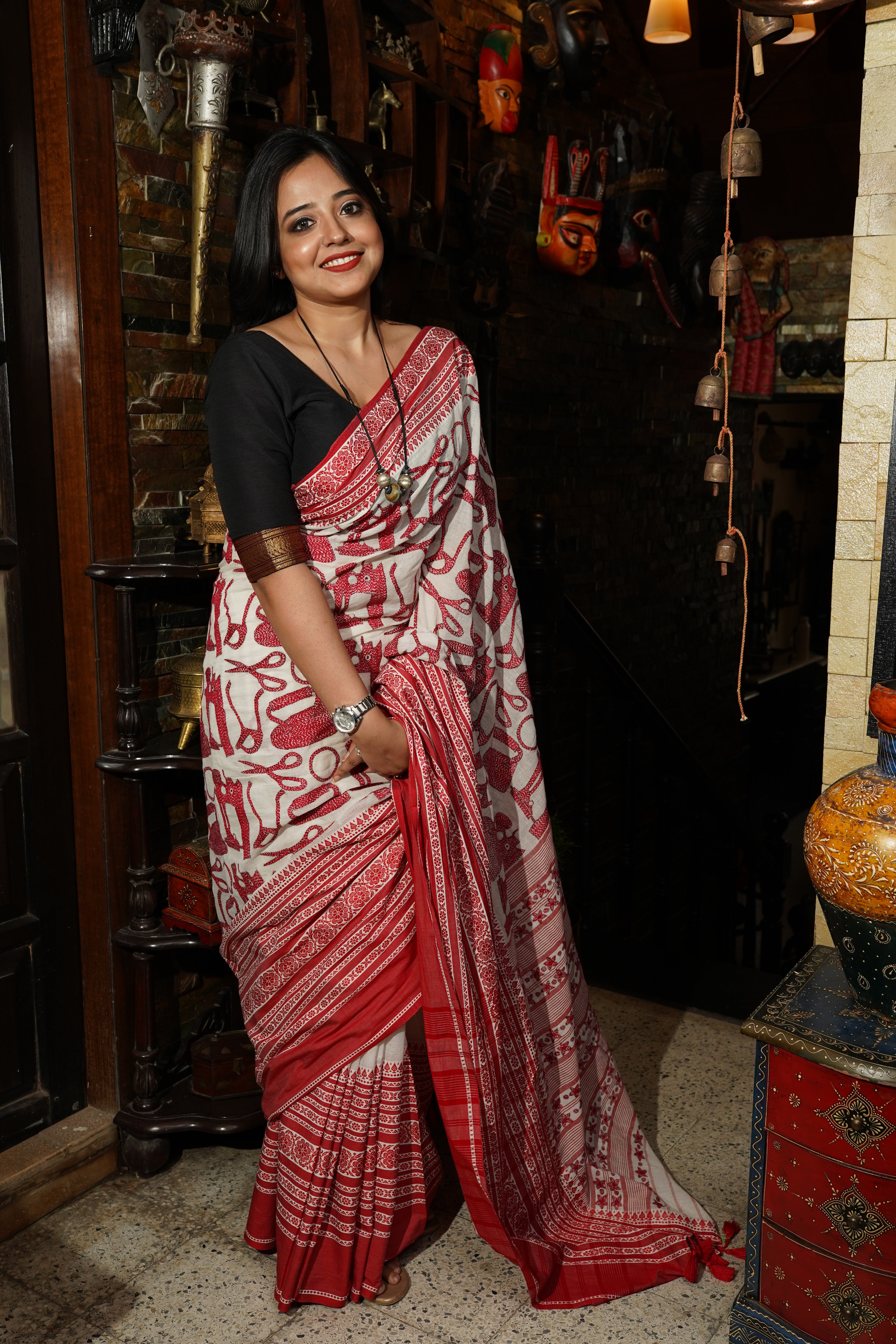 Handwoven Cotton Saree With Red Kantha Work