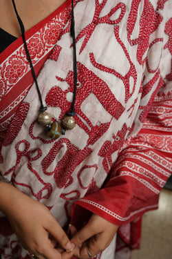 Handwoven cotton saree with red kantha work