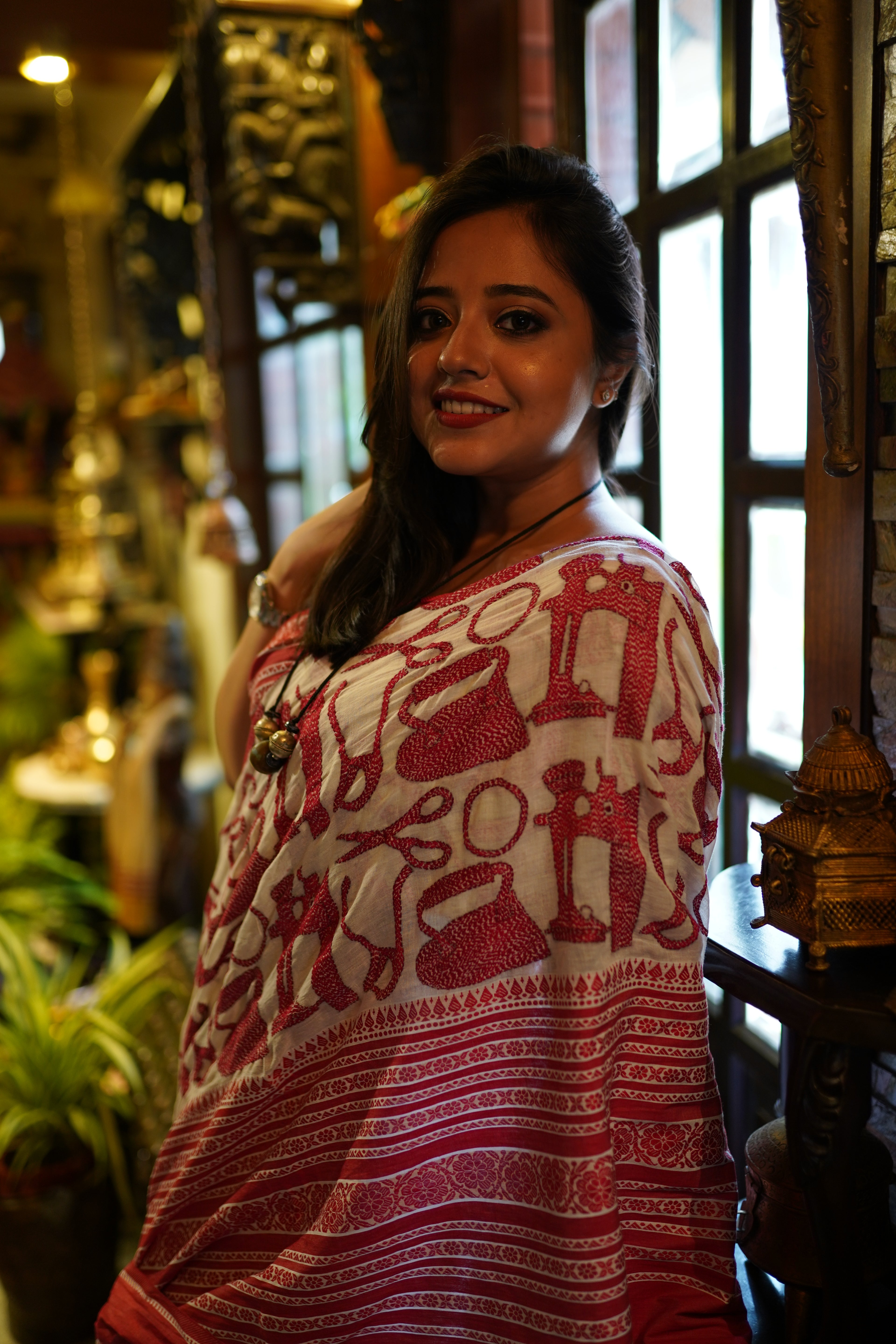 Handwoven Cotton Saree With Red Kantha Work