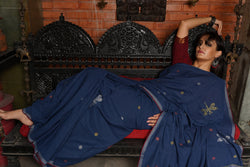 Handwoven Indigo Khadi Jamdani Saree