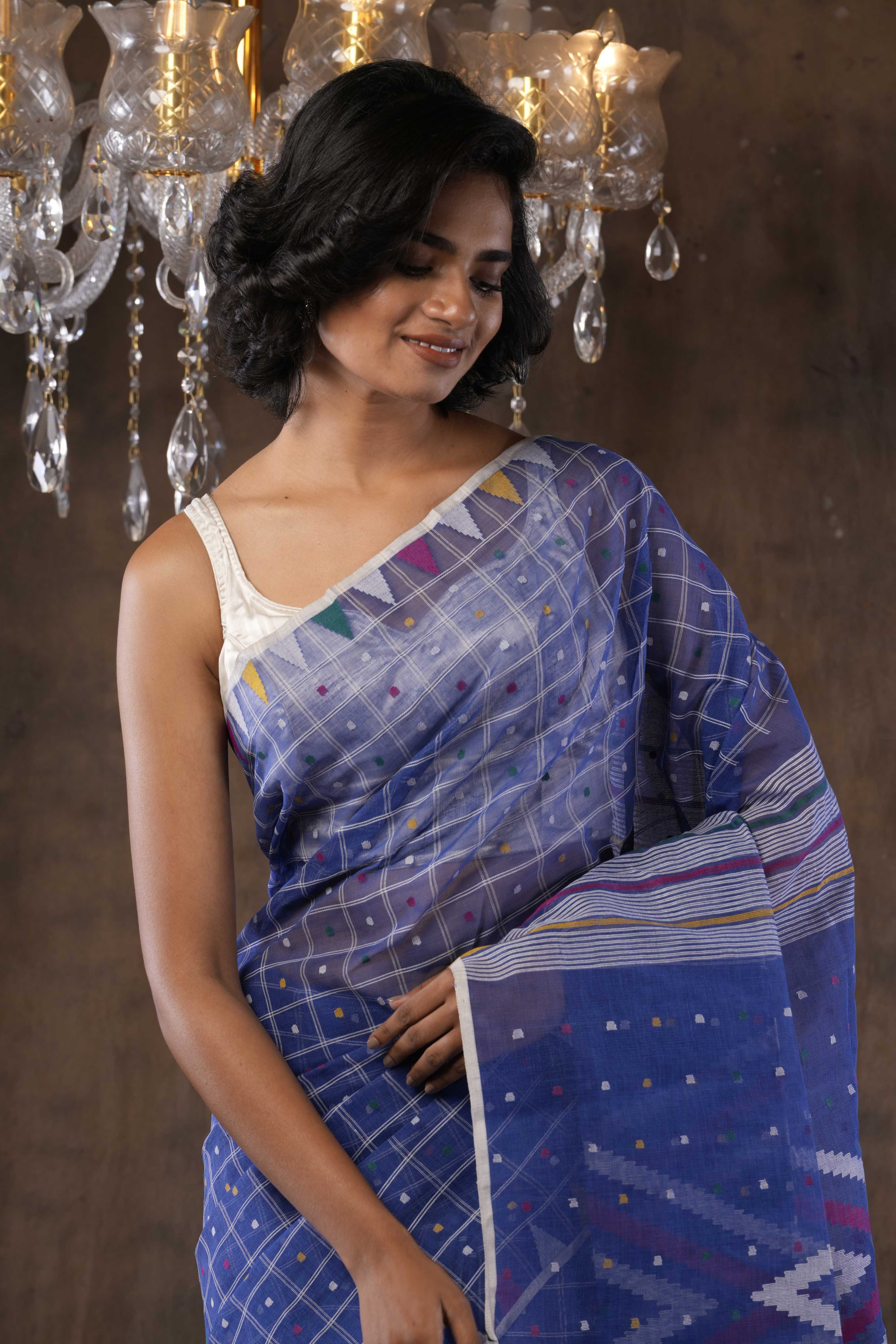 Handwoven Blue Dhakai Jamdani Saree