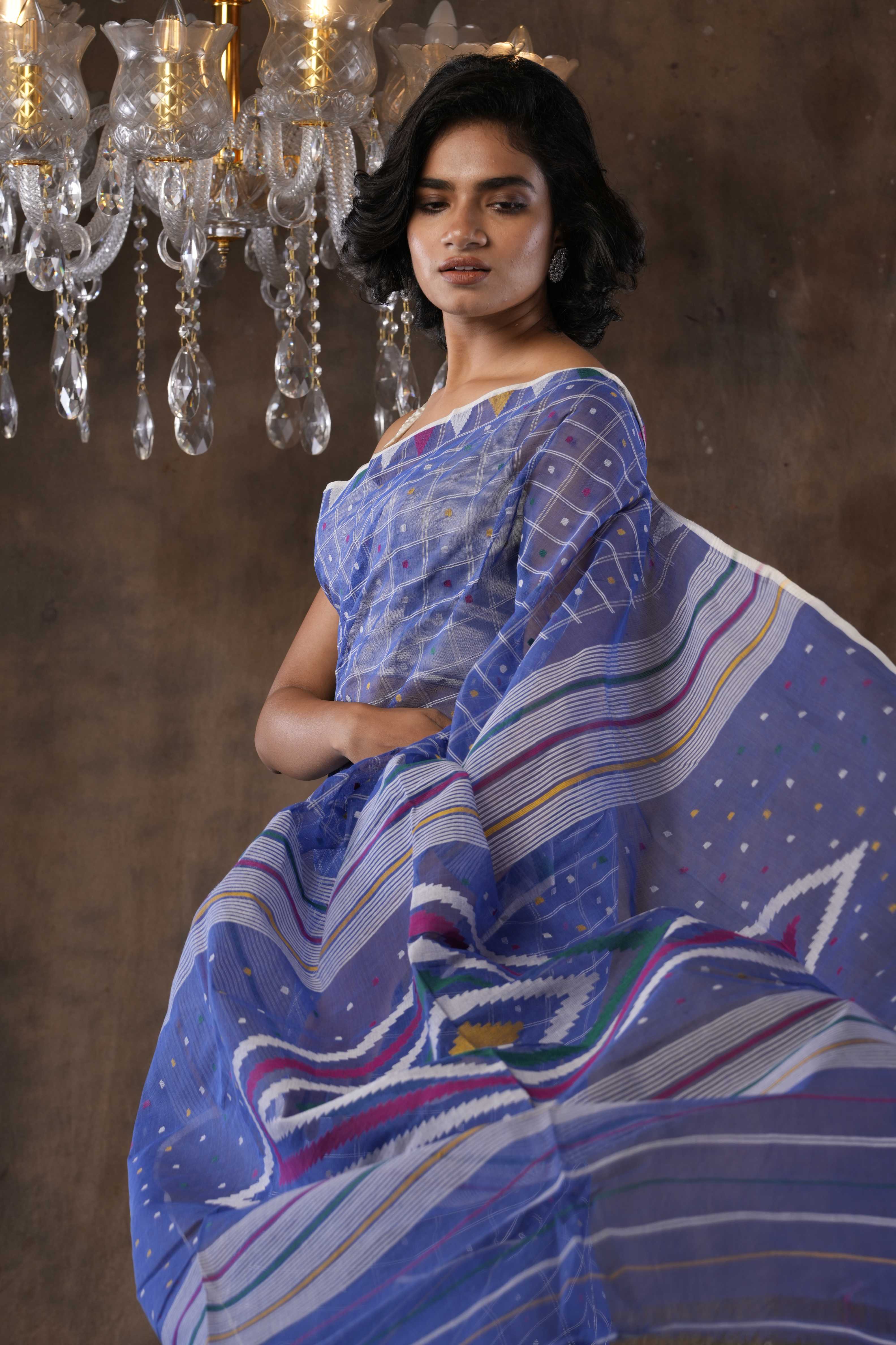 Handwoven Blue Dhakai Jamdani Saree