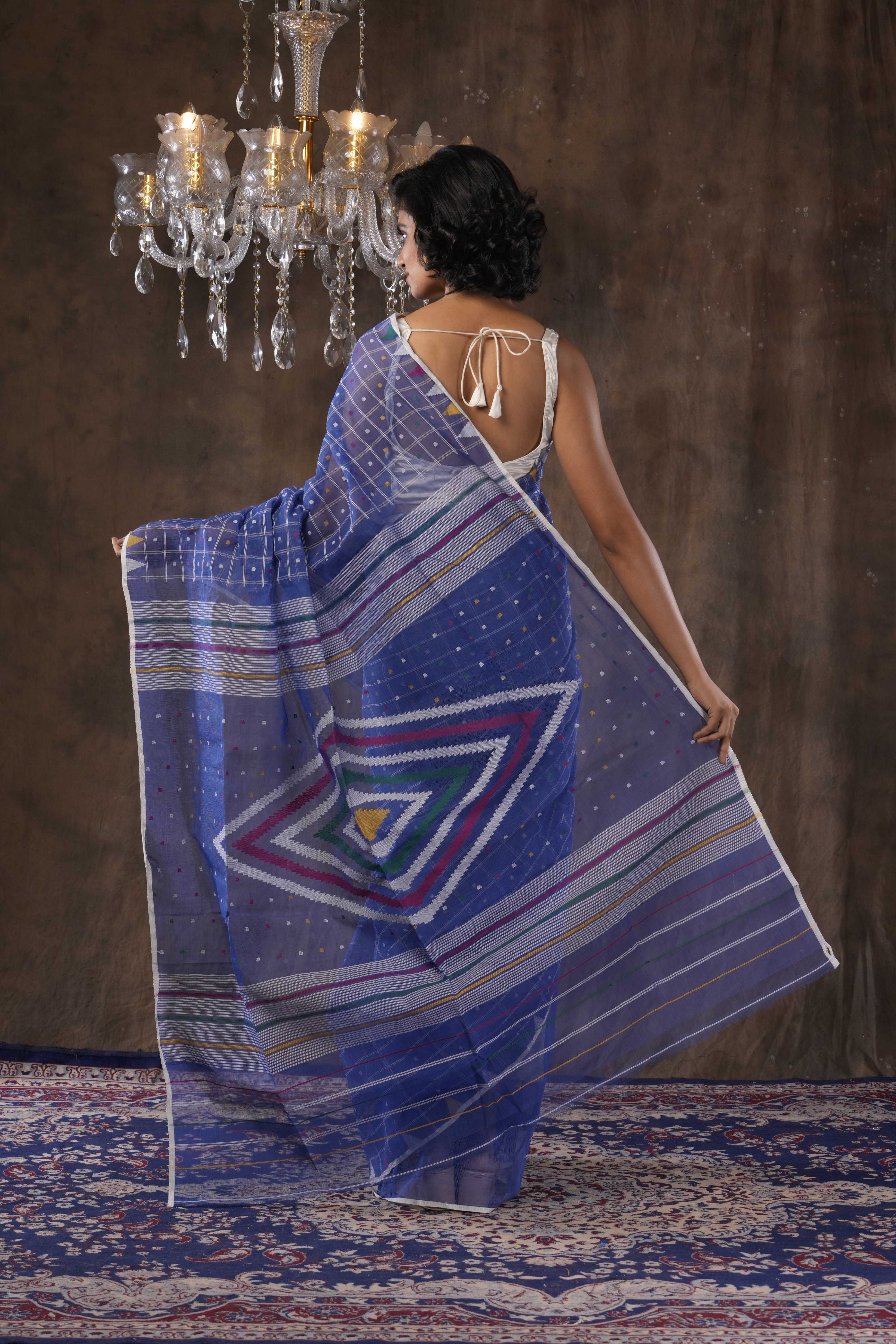 Handwoven Blue Dhakai Jamdani Saree