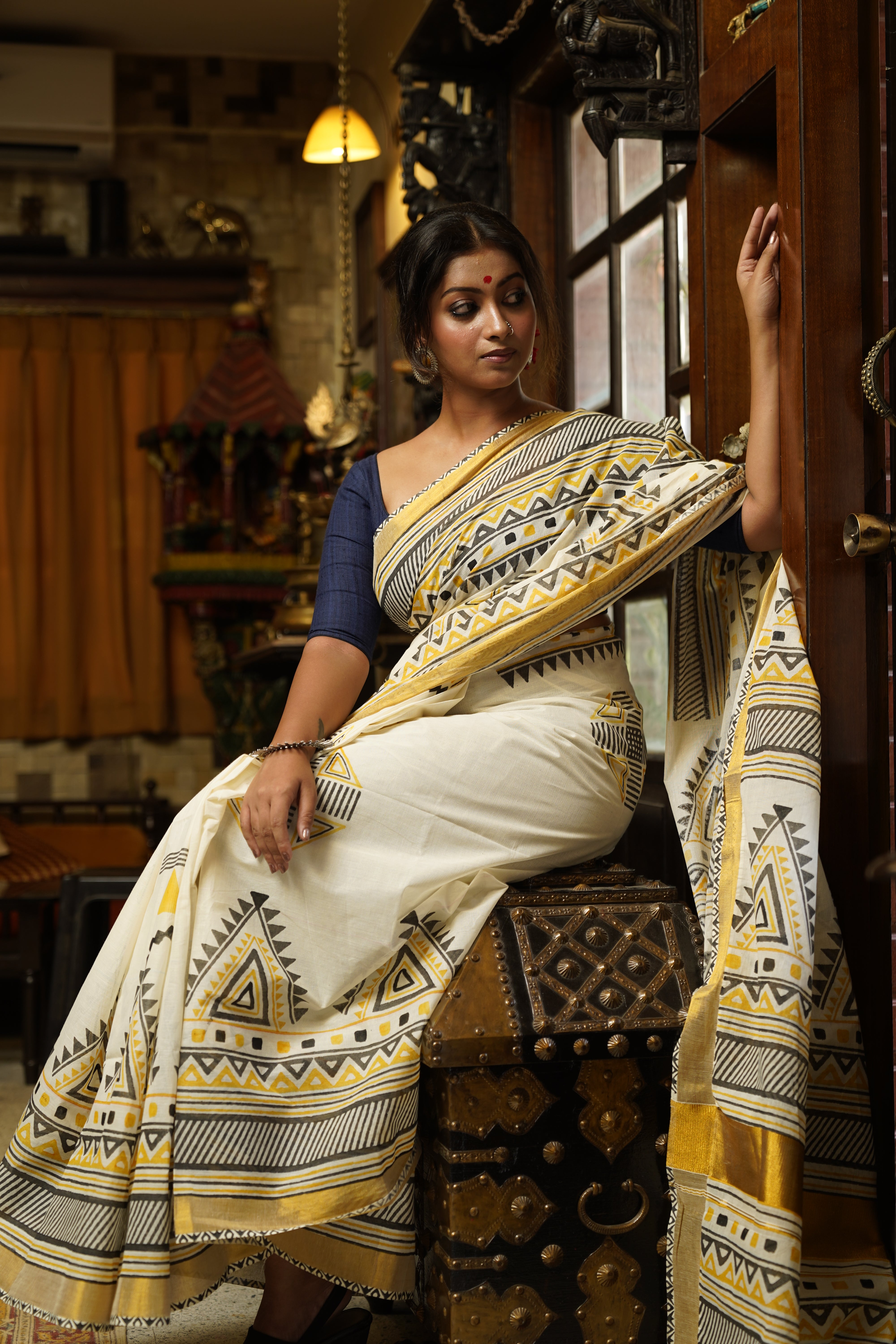 Bosonto - Handwoven Kerala cotton printed Saree