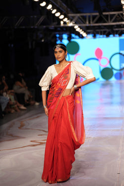 Handwoven red khadi jamdani saree with Beige Blouse