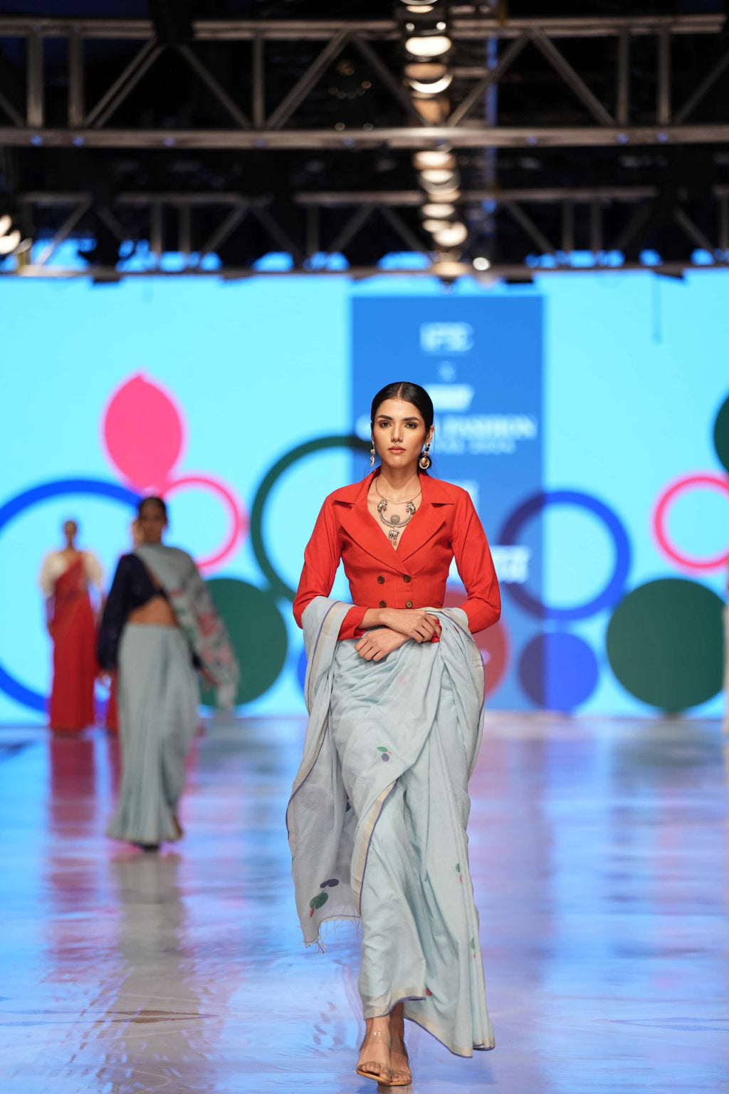 Handwoven Blue Jamdani Saree With Red Designer Blouse
