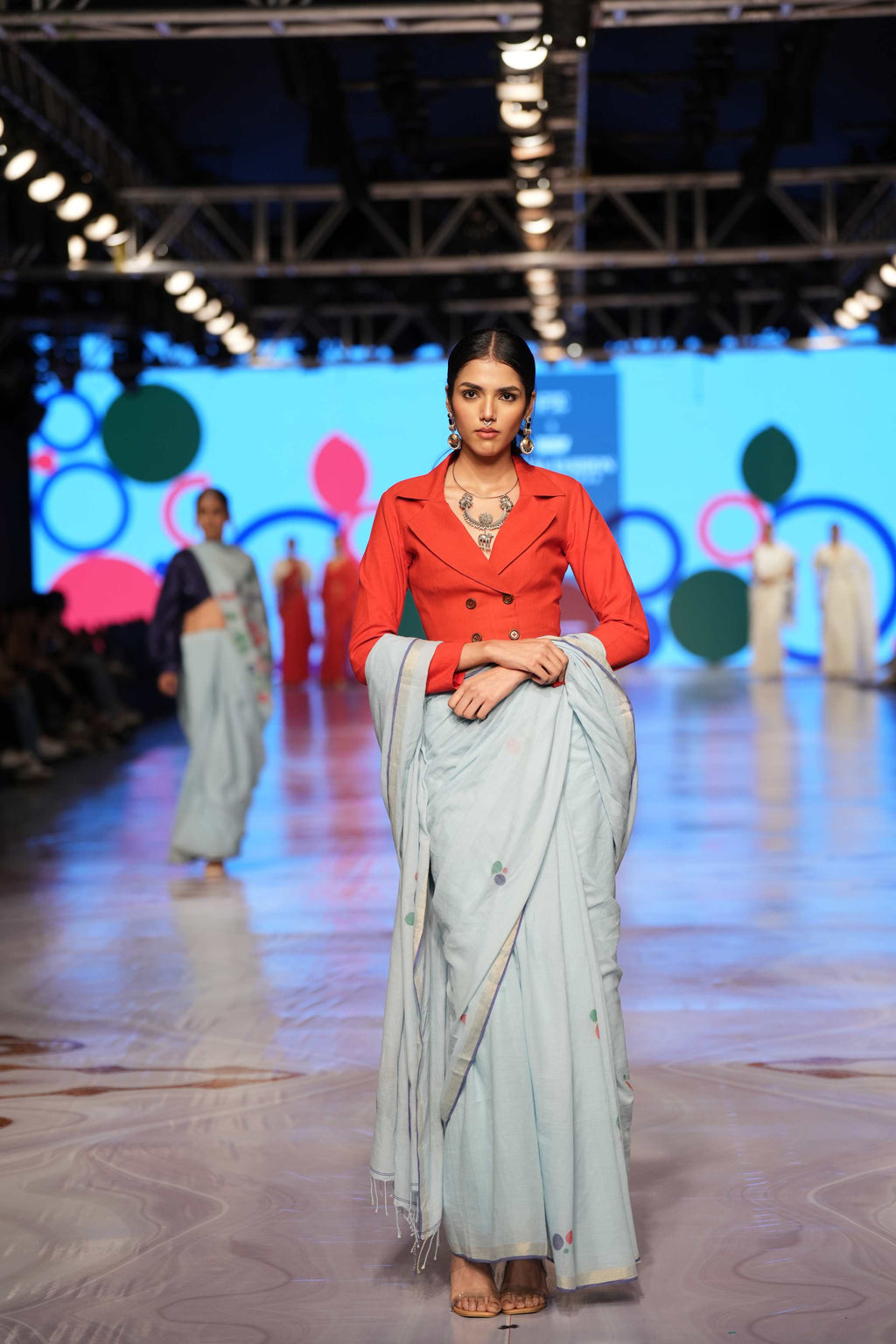 Handwoven Blue Jamdani Saree With Red Designer Blouse