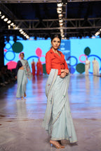 Handwoven Blue Jamdani Saree With Red Designer Blouse