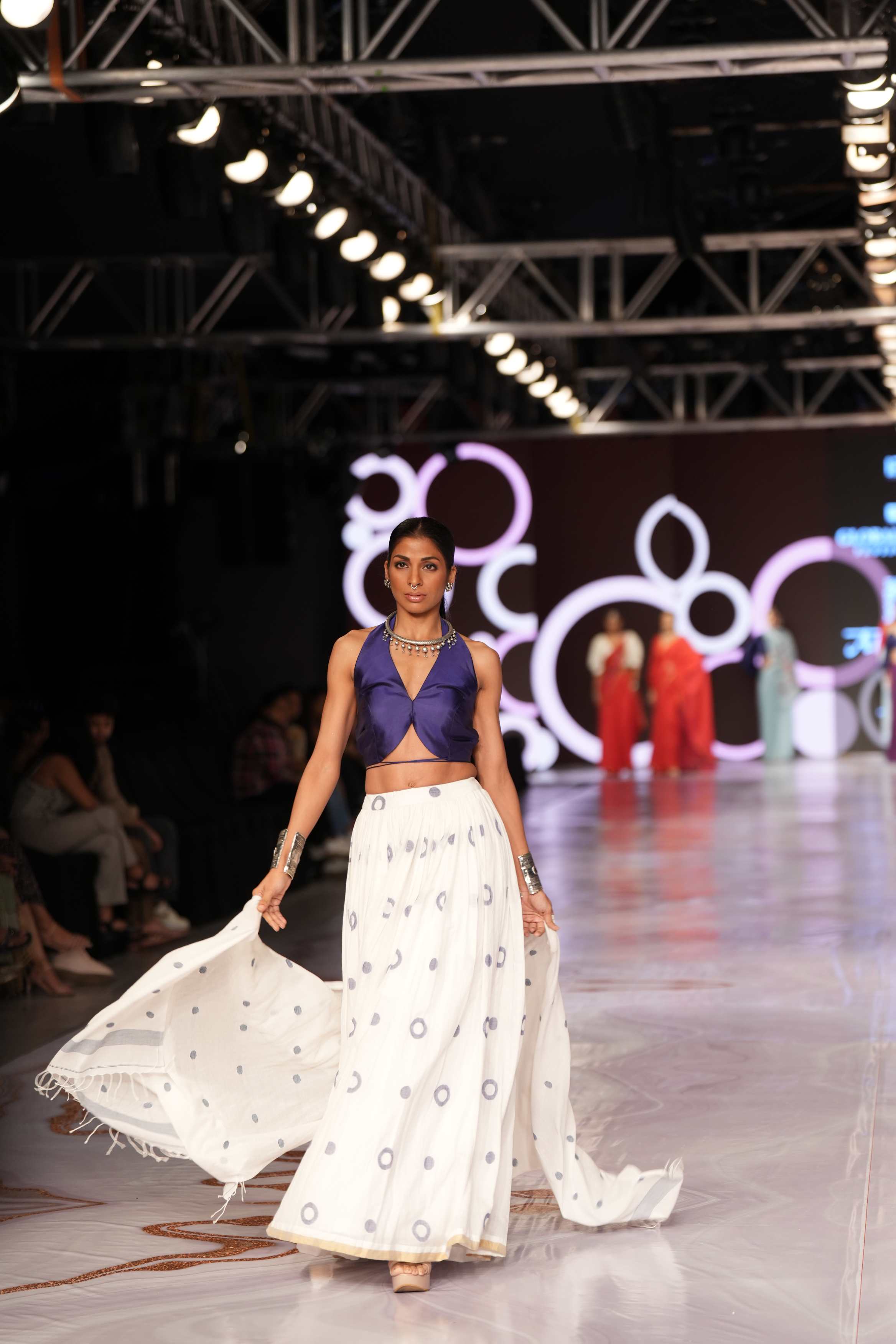 Handwoven White Jamdani Lehenga With Blue Designer Blouse & White Dupatta