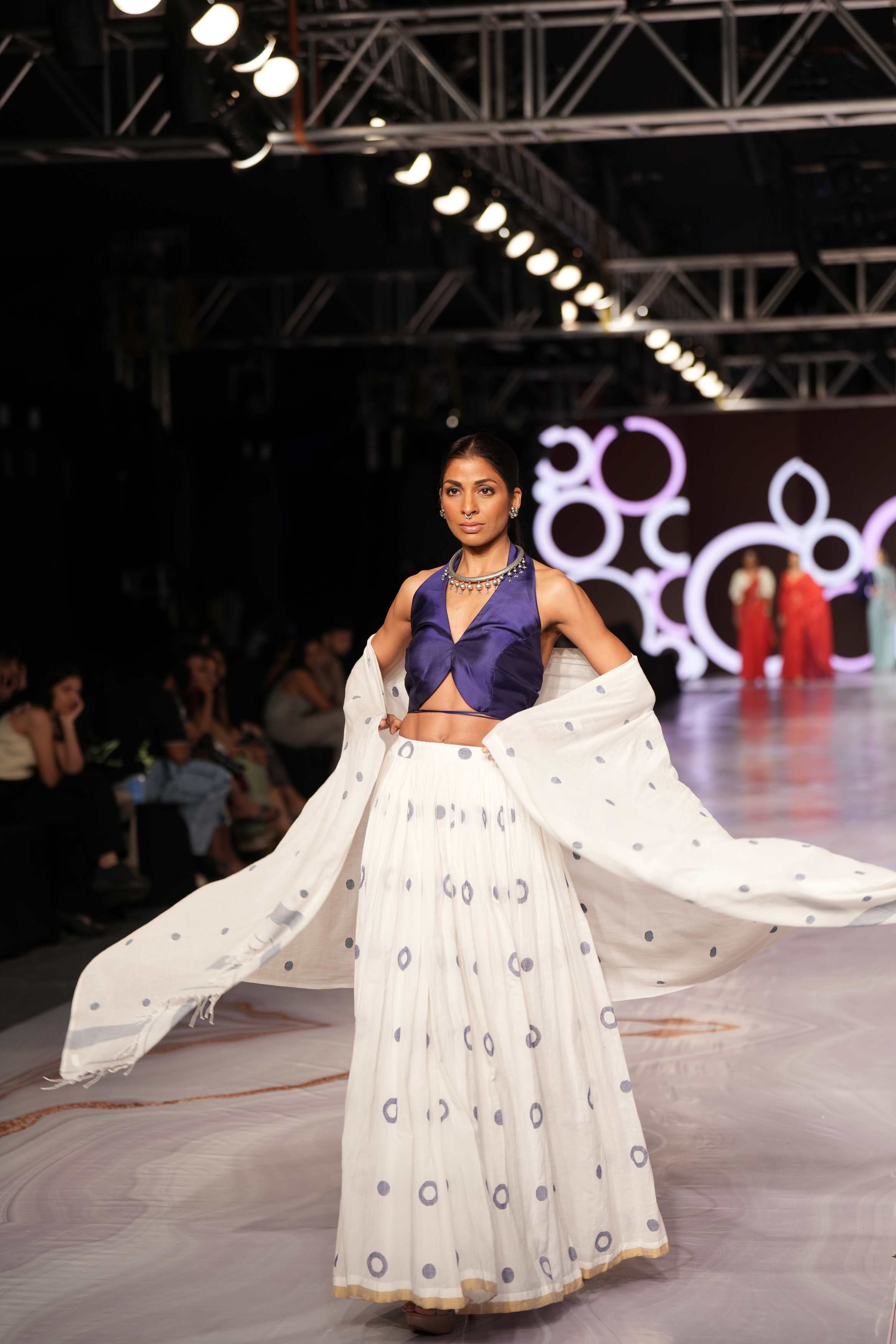 Handwoven White Jamdani Lehenga With Blue Designer Blouse & White Dupatta
