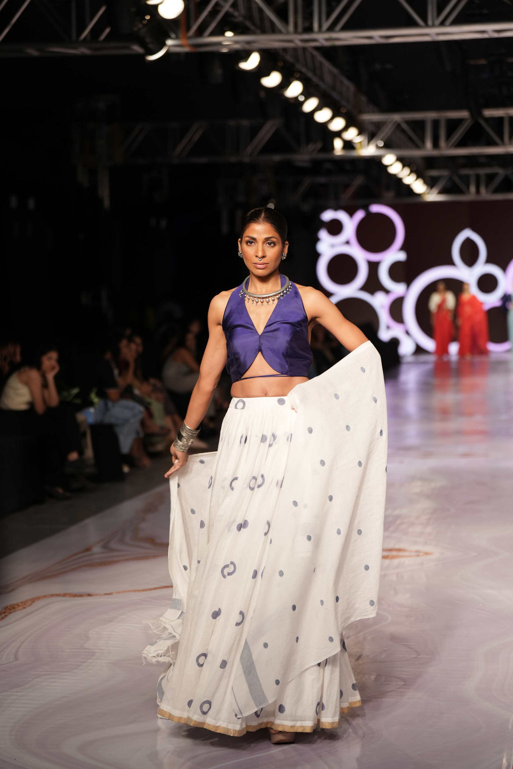 Handwoven White Jamdani Lehenga With Blue Designer Blouse & White Dupatta