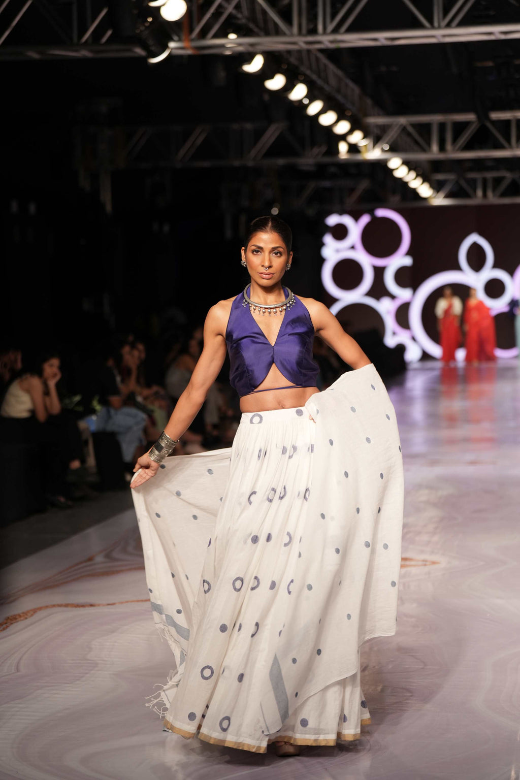 Handwoven White Jamdani Lehenga With Blue Designer Blouse & White Dupatta