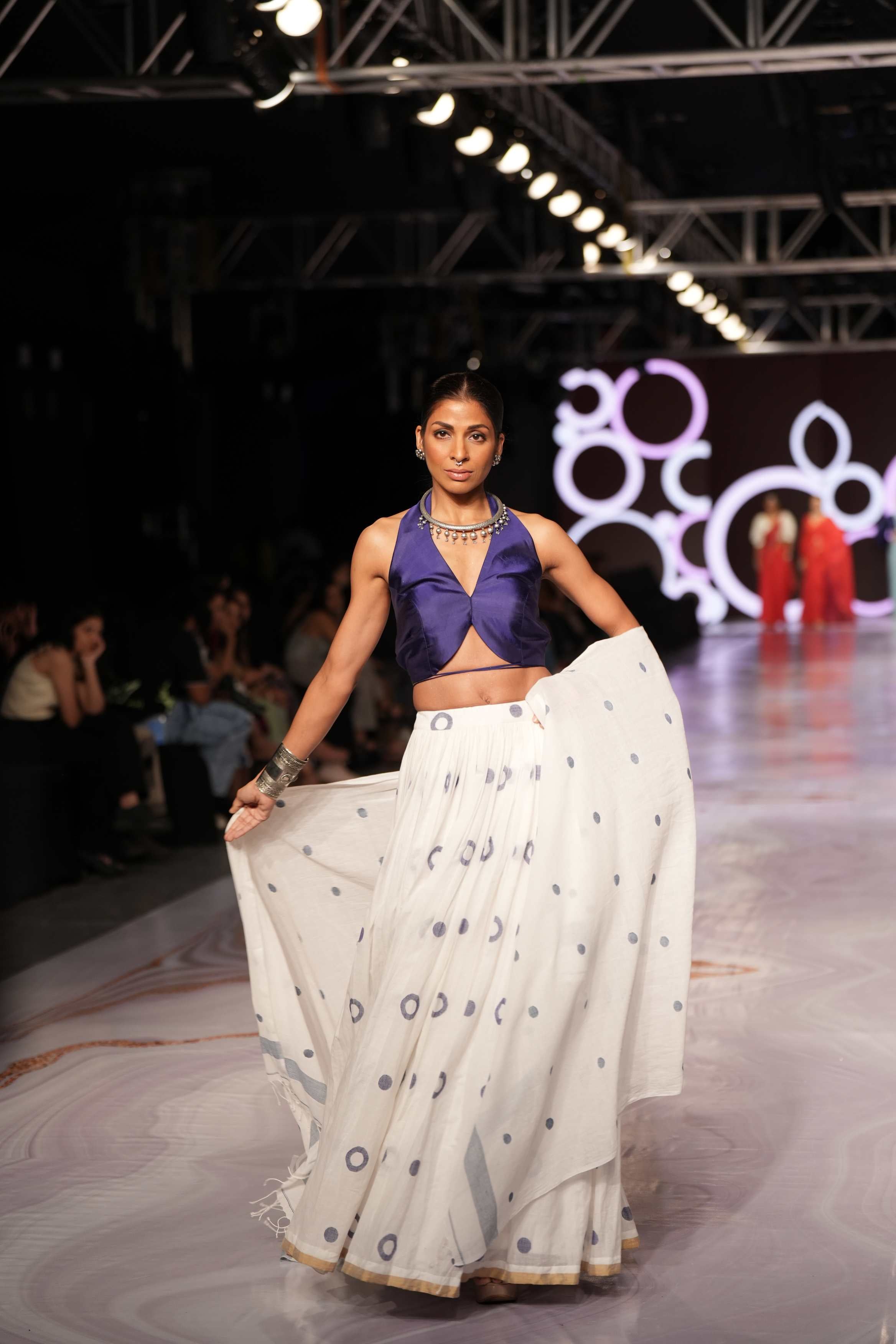 Handwoven White Jamdani Lehenga With Blue Designer Blouse & White Dupatta