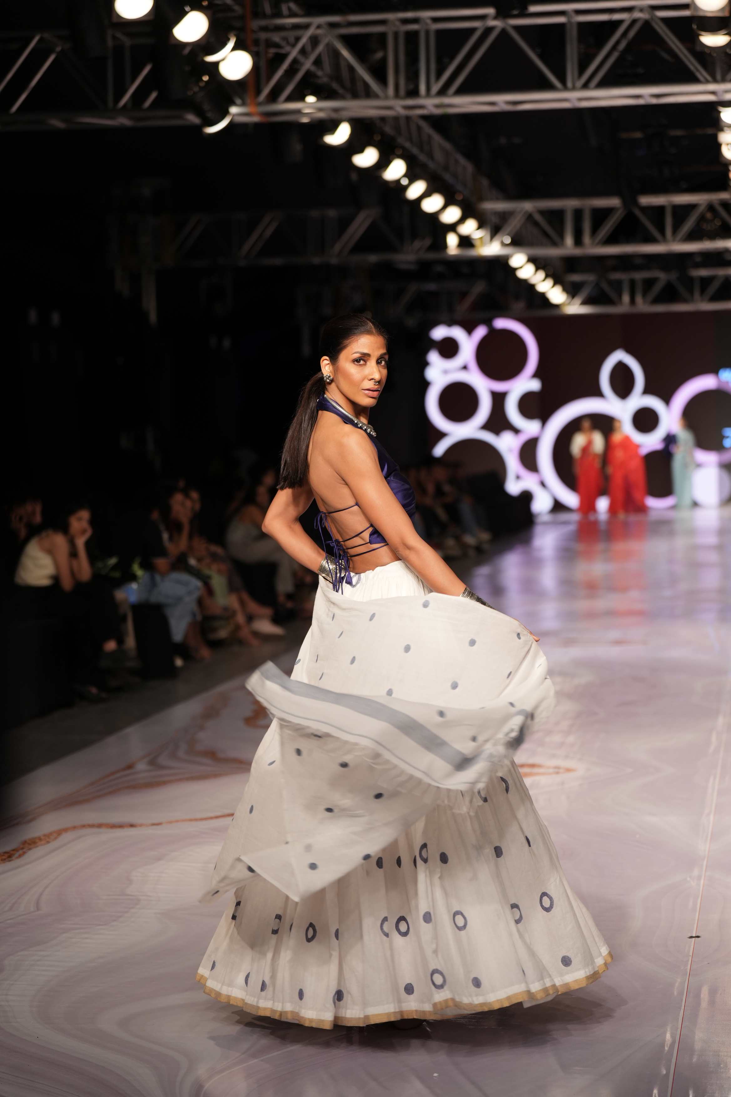 Handwoven White Jamdani Lehenga With Blue Designer Blouse & White Dupatta
