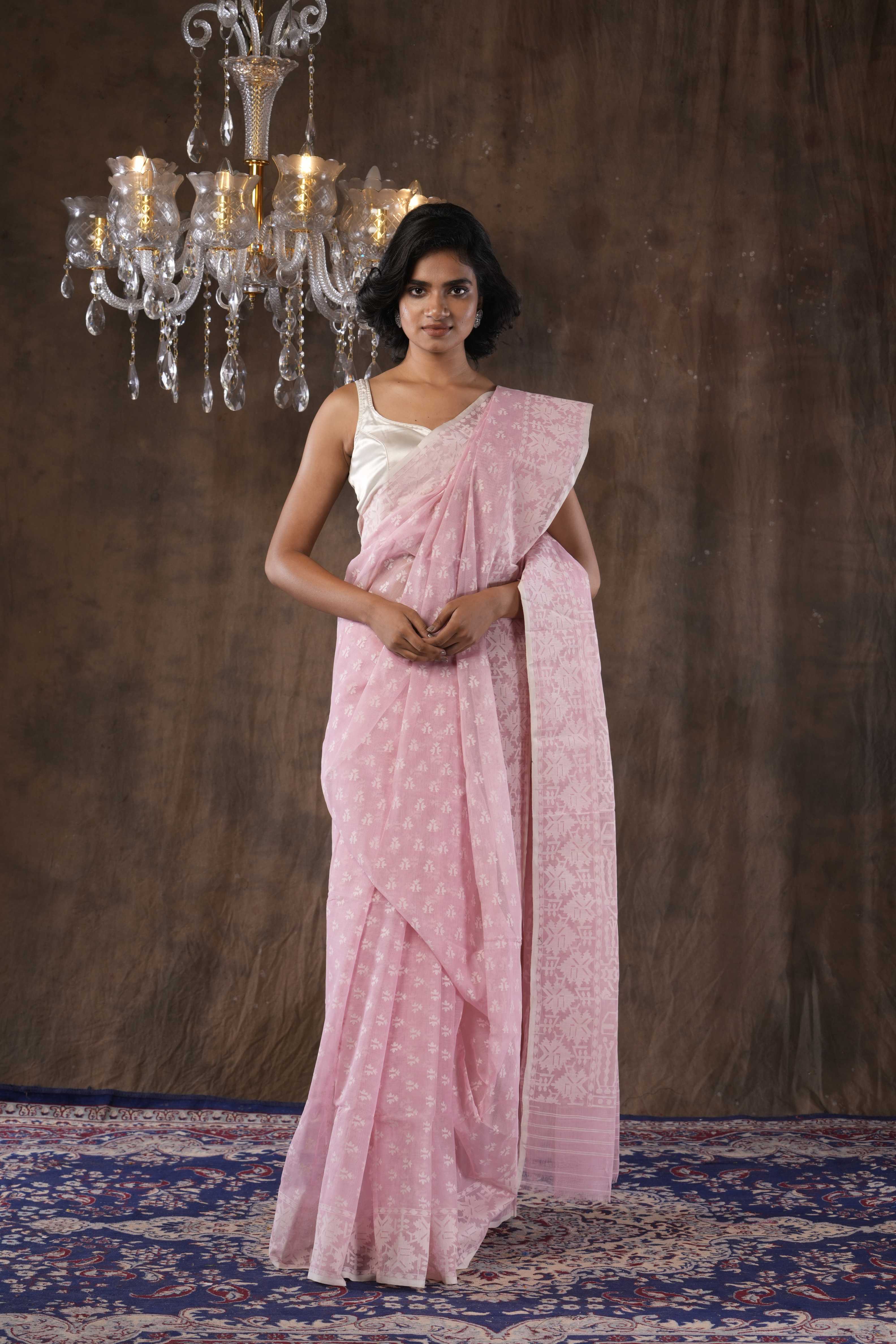 Otoshi - Handwoven Pink Dhakai Jamdani Saree