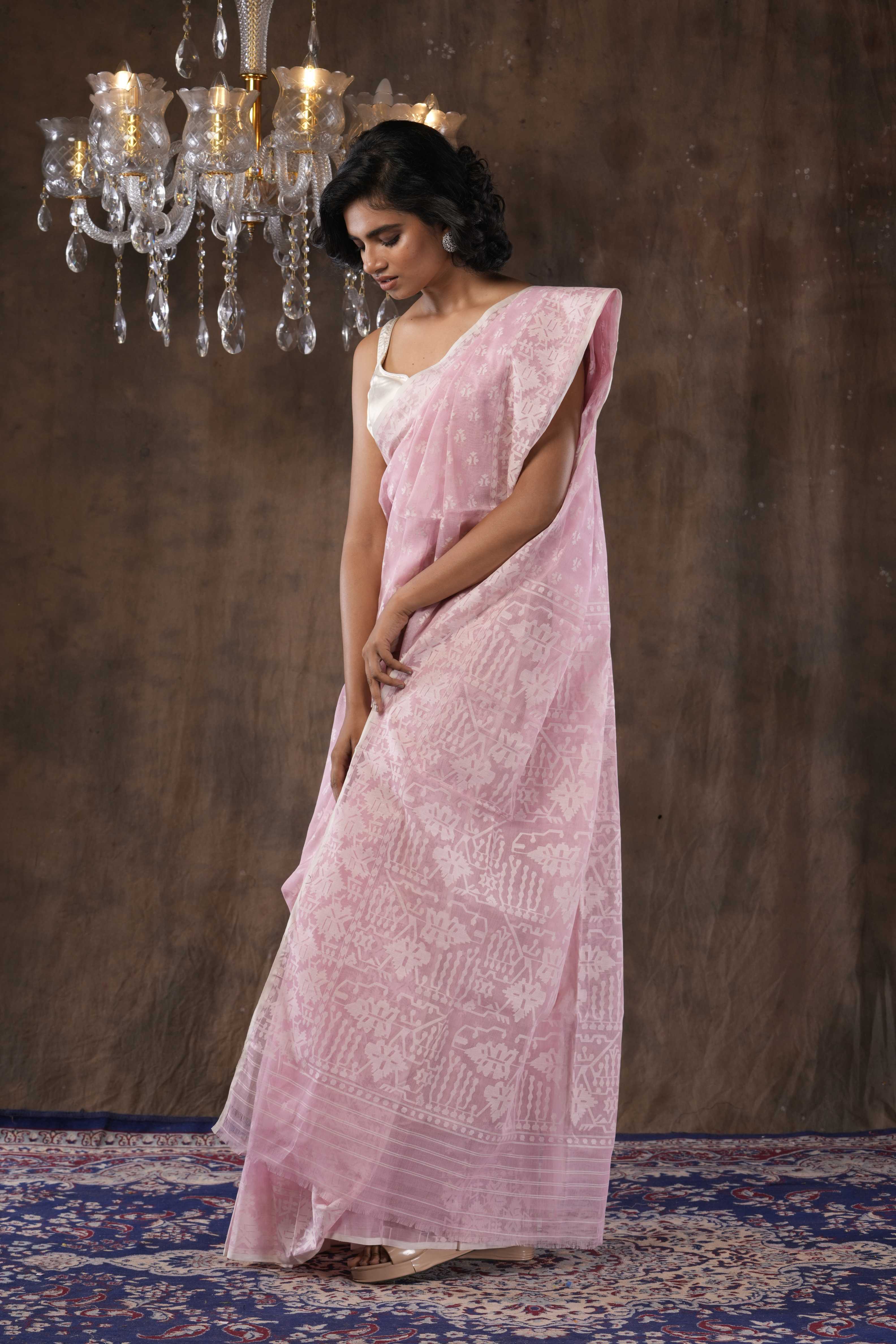 Otoshi - Handwoven Pink Dhakai Jamdani Saree