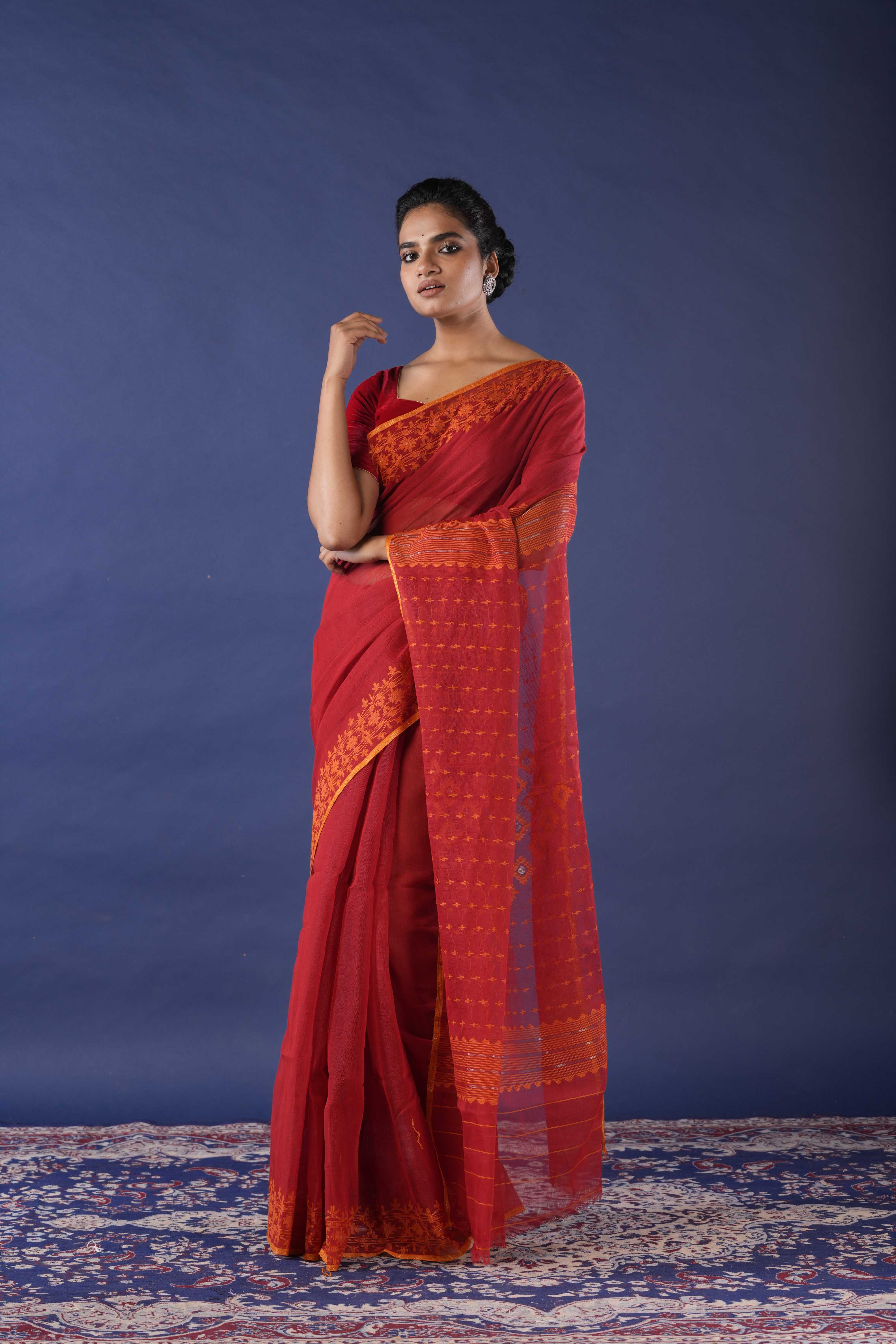 Handwoven Red Dhakai Jamdani Saree