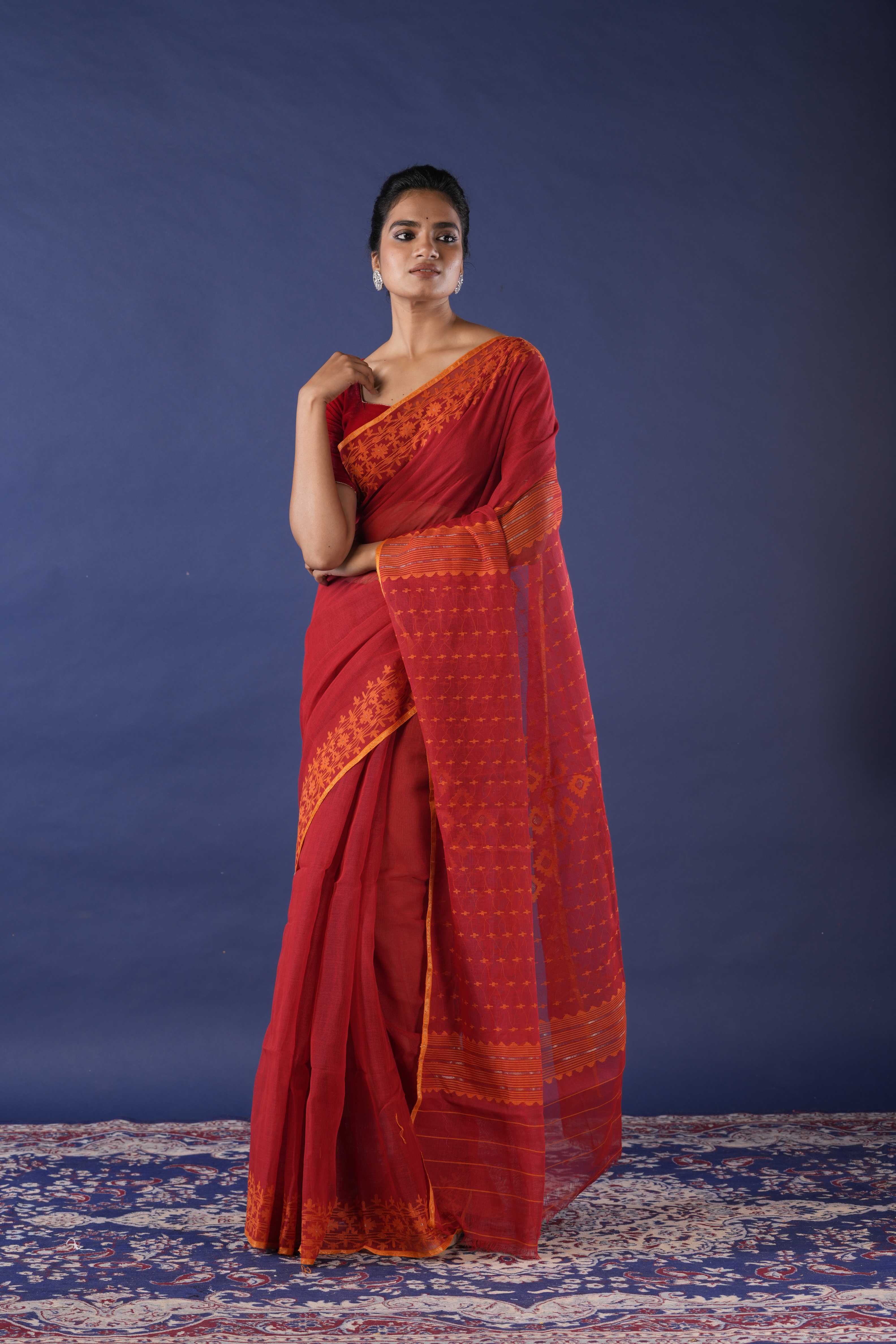 Handwoven Red Dhakai Jamdani Saree