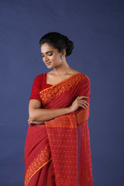 Handwoven red Dhakai jamdani Saree