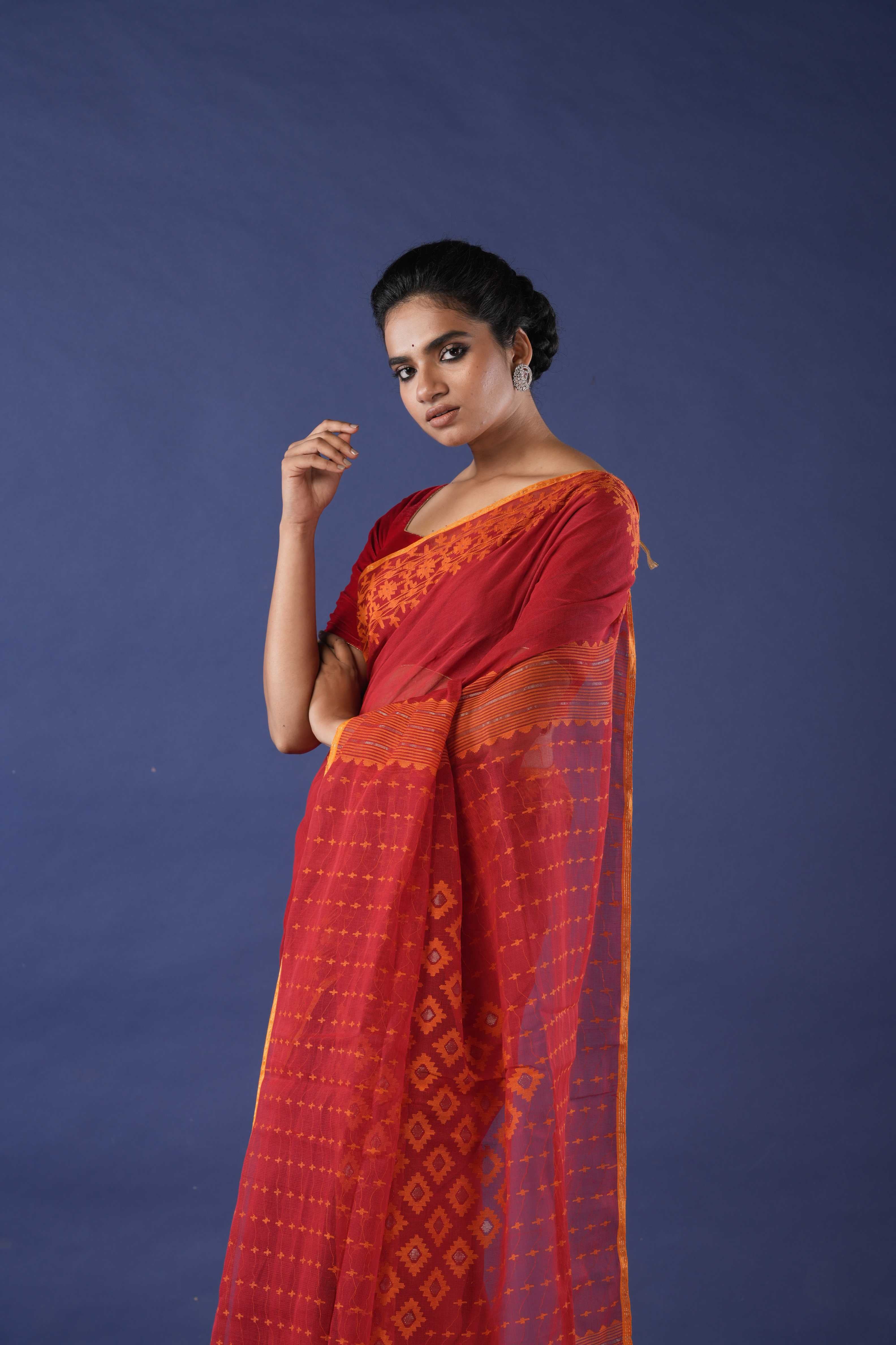 Handwoven Red Dhakai Jamdani Saree