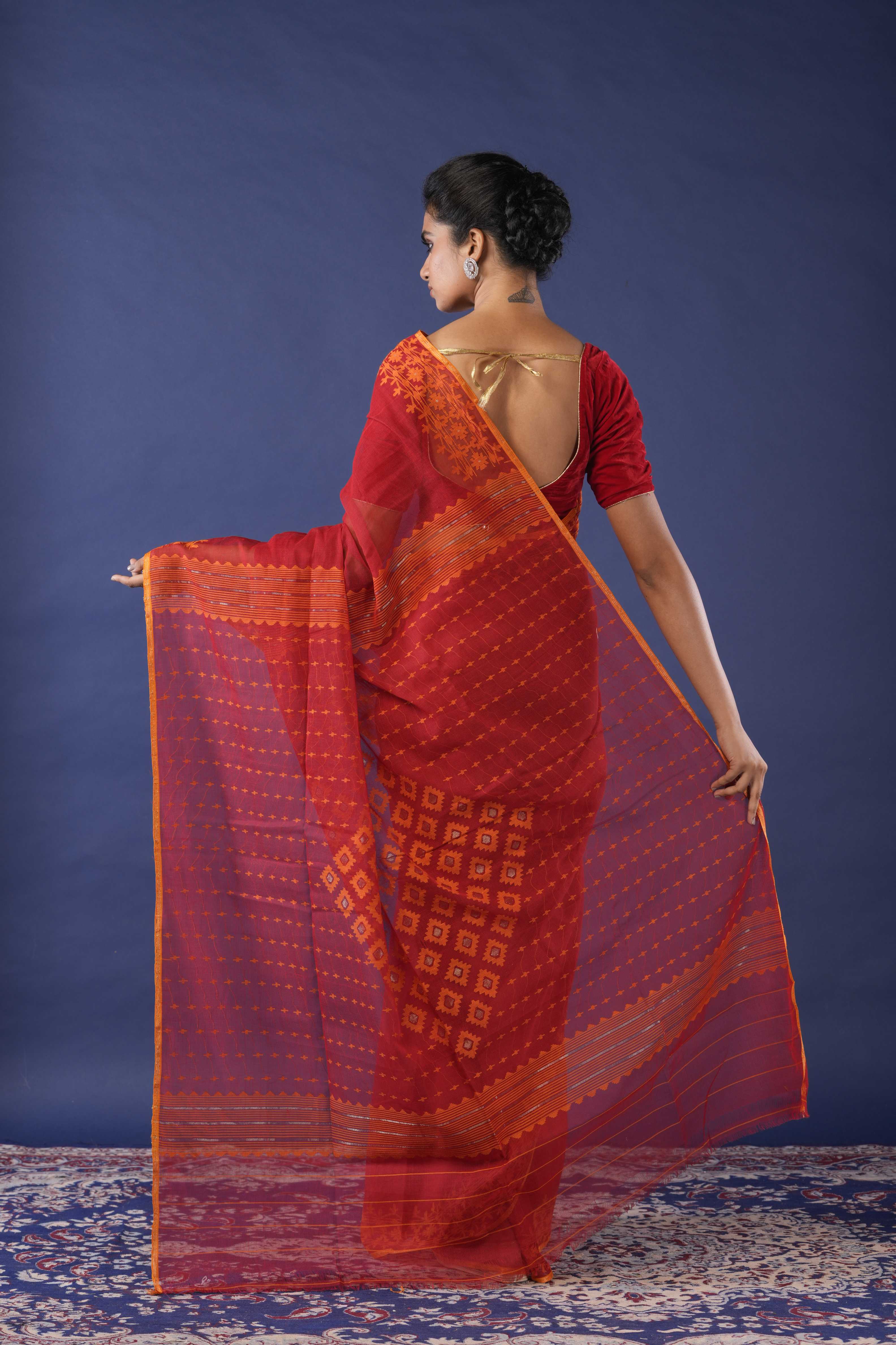 Handwoven Red Dhakai Jamdani Saree