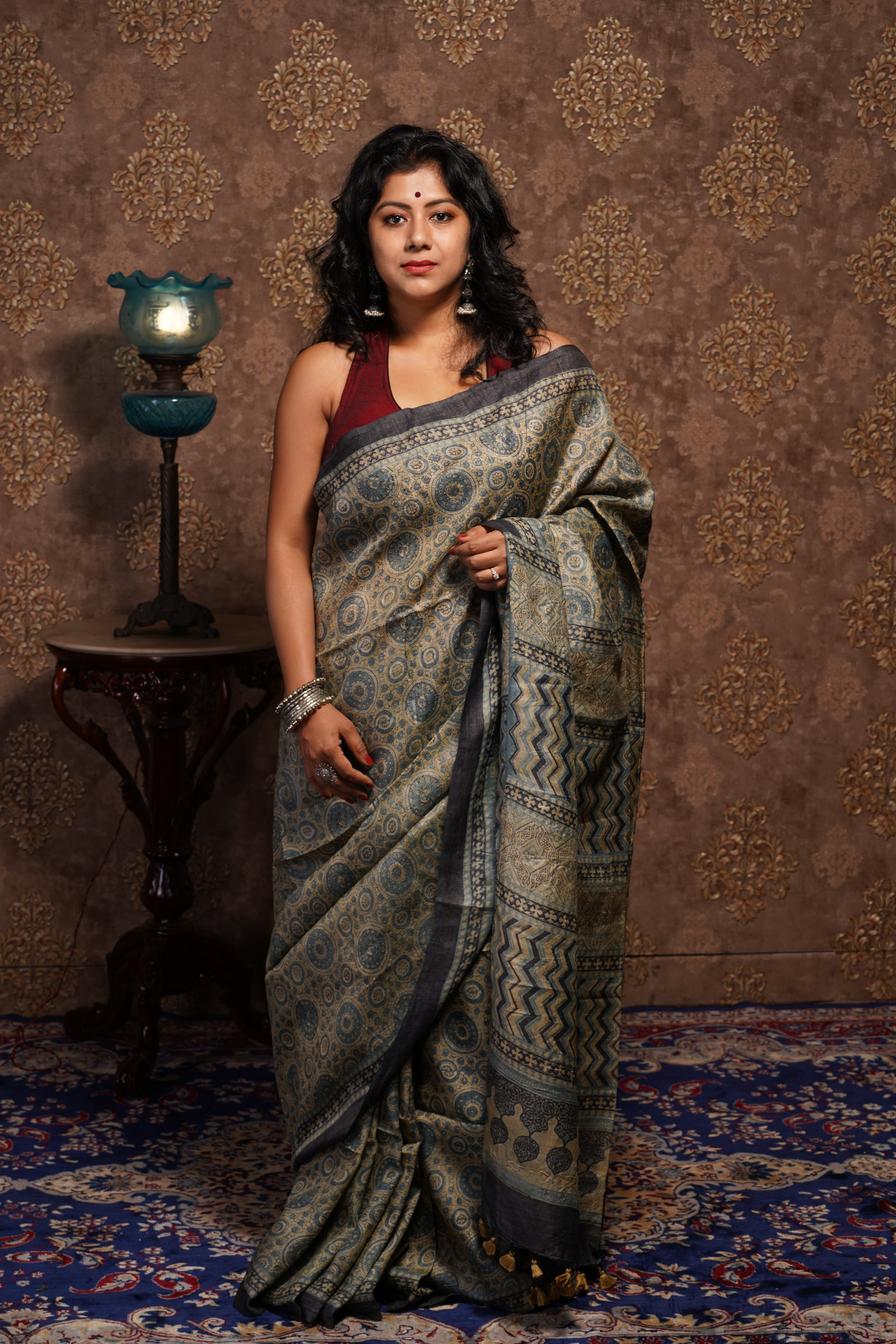 Handwoven Tussar Saree With Ajrakh Paint