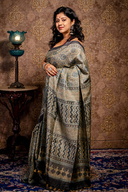 Tussar Saree With Ajrakh Paint - Aankona