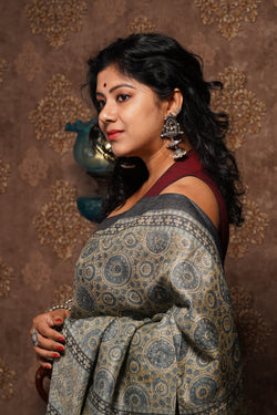 Handwoven Tussar Saree With Ajrakh Paint