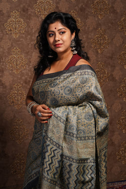 Handwoven Tussar Saree With Ajrakh Paint