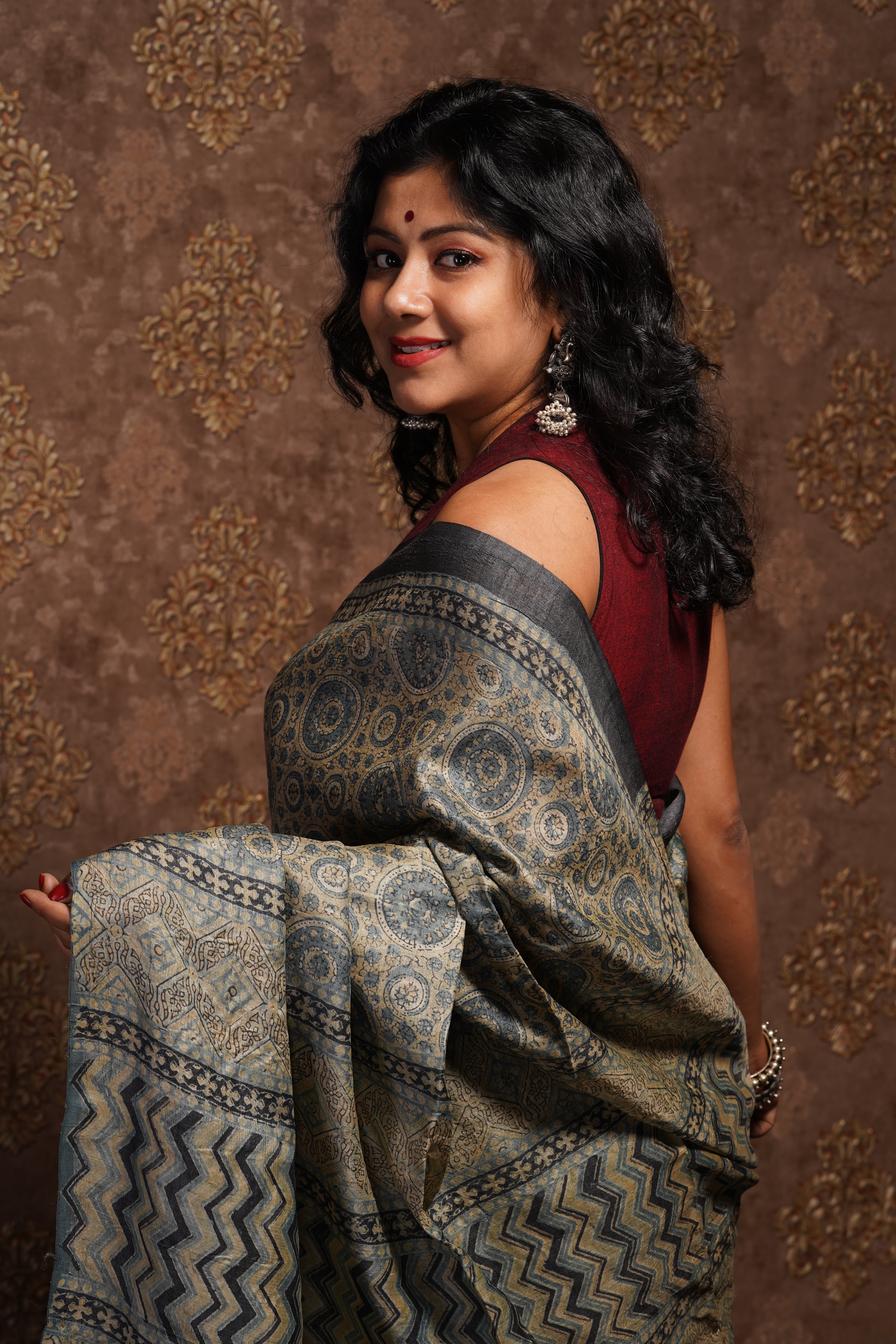 Handwoven Tussar Saree With Ajrakh Paint