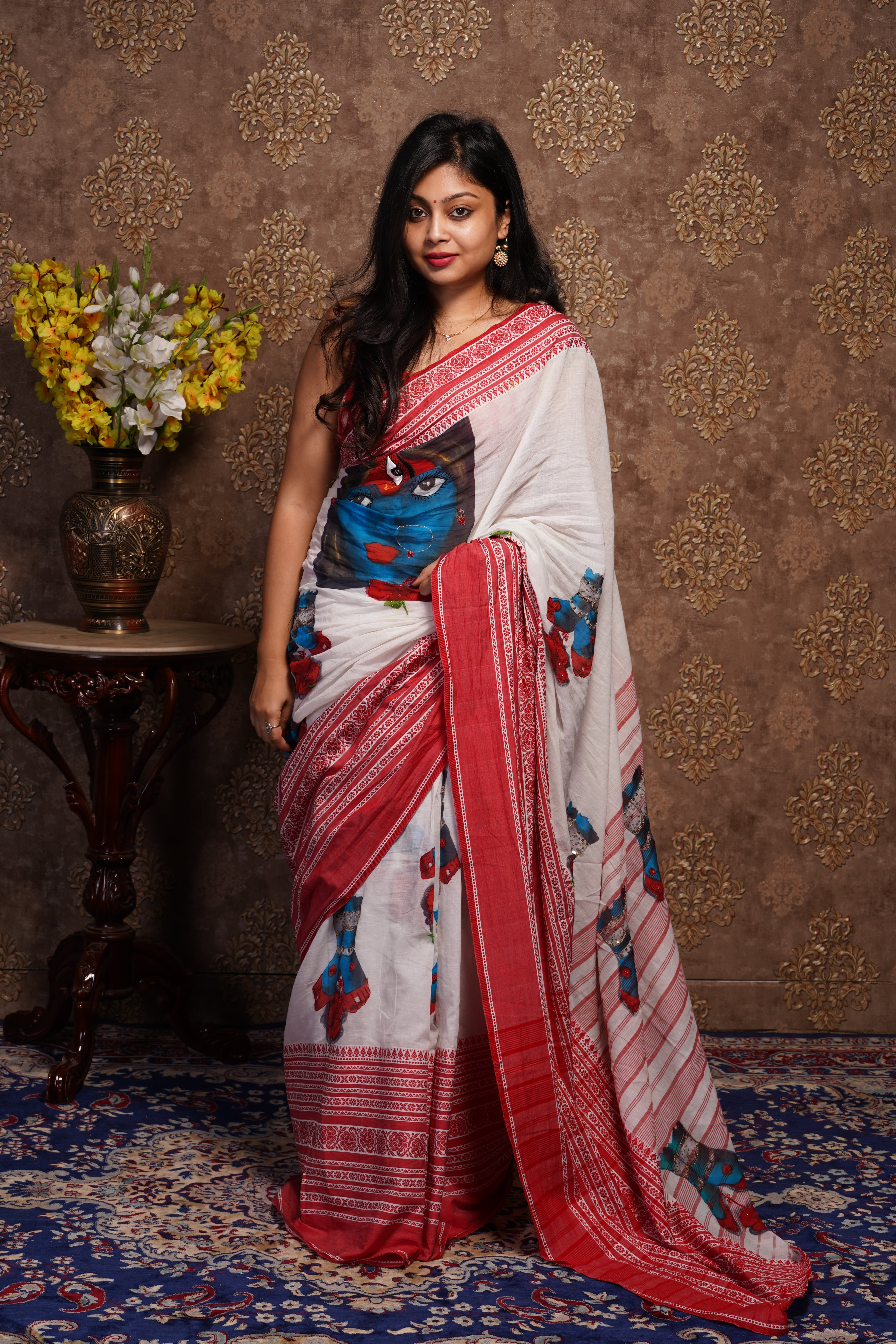 White Red Maa Kali Theme Cotton Saree