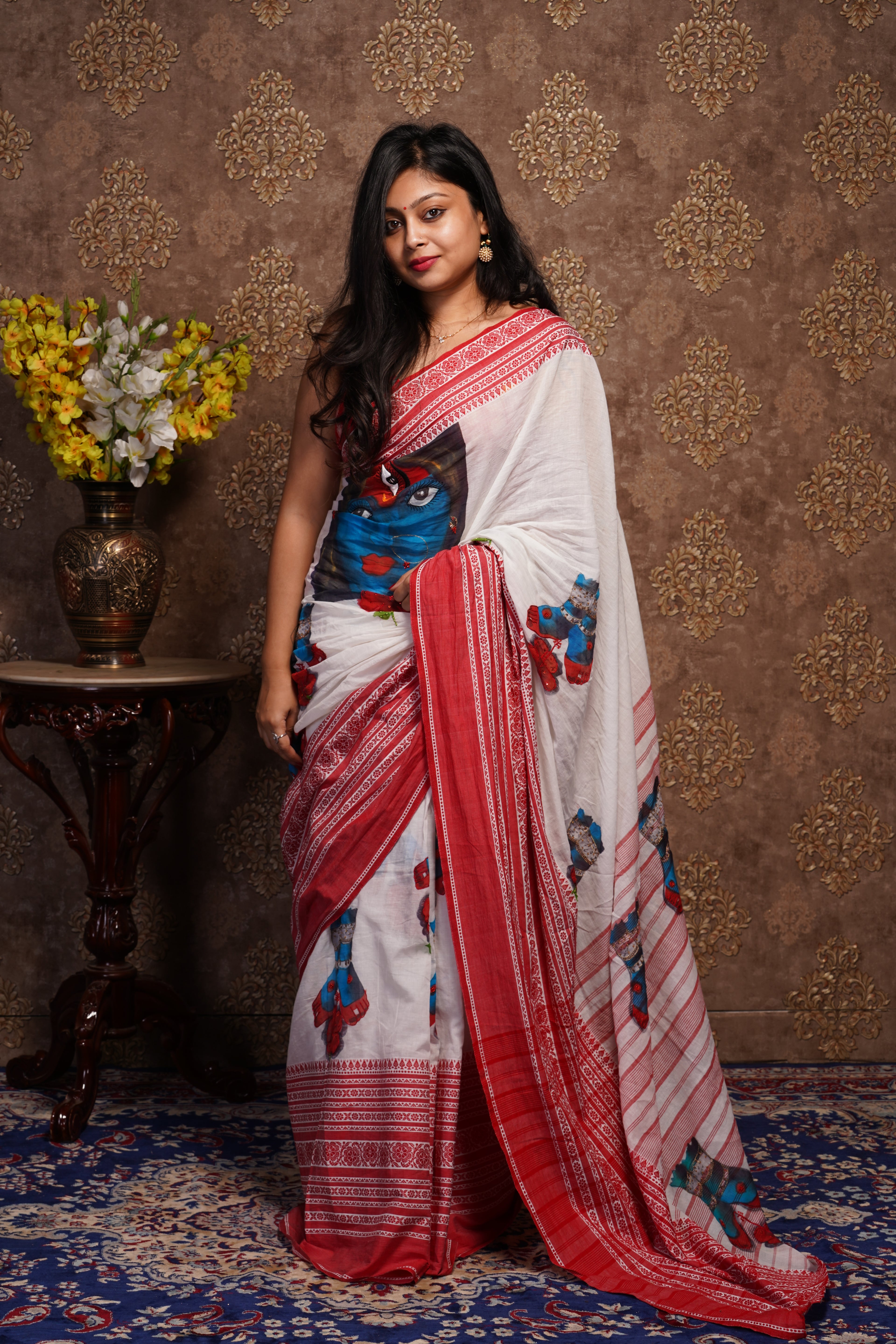 Handwoven Base White & Red  Maa Kali Theme Cotton Saree