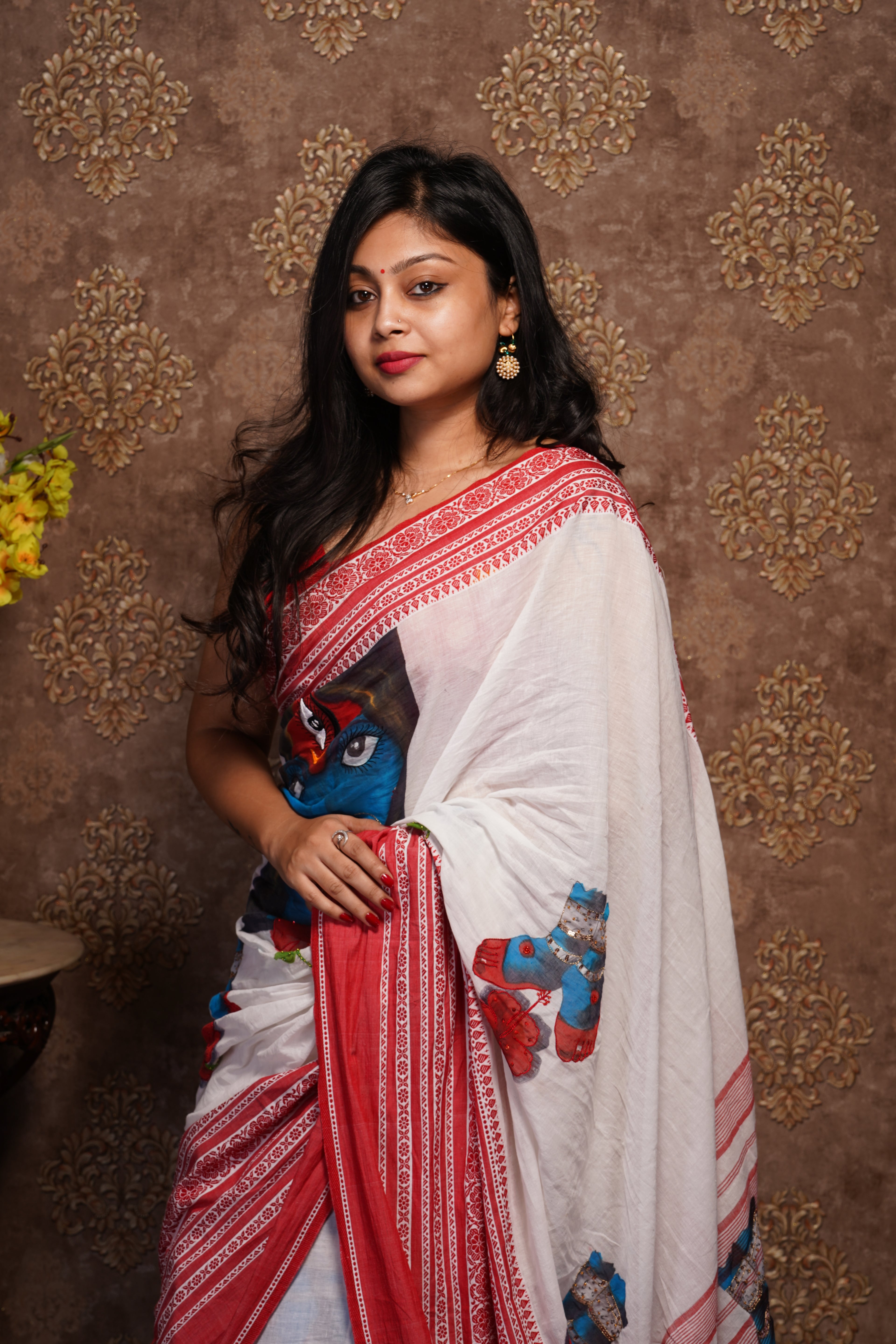 Handwoven Base White & Red  Maa Kali Theme Cotton Saree