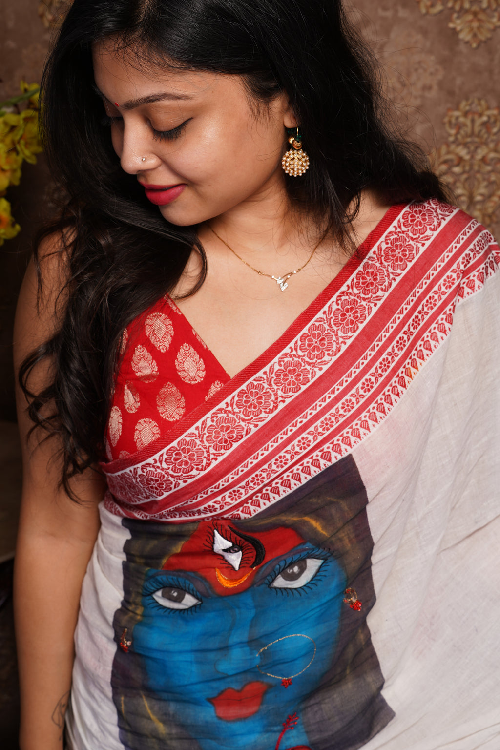 Handwoven Base White & Red  Maa Kali Theme Cotton Saree
