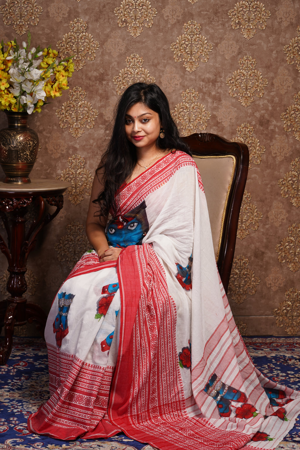 Handwoven Base White & Red  Maa Kali Theme Cotton Saree