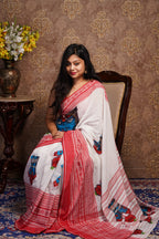 Handwoven Base White & Red  Maa Kali Theme Cotton Saree