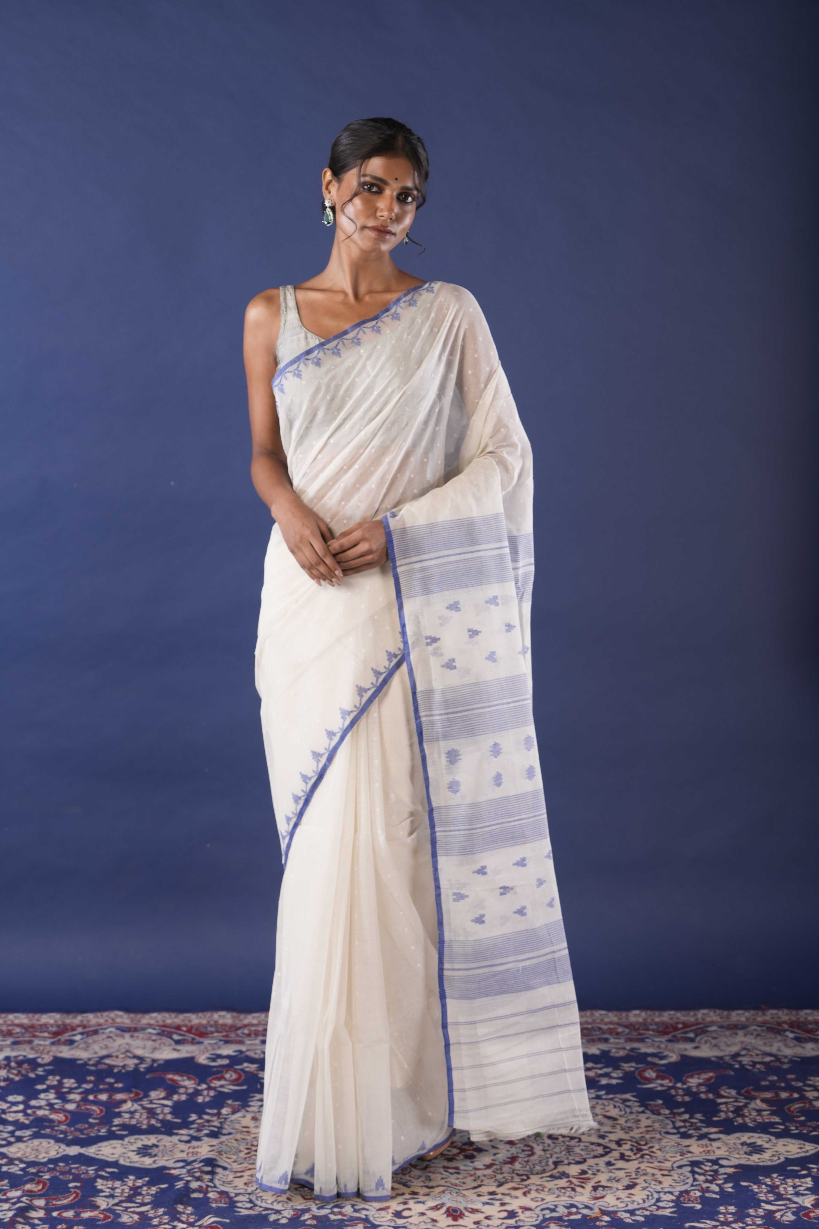 Handwoven White  Dhakai Jamdani Saree