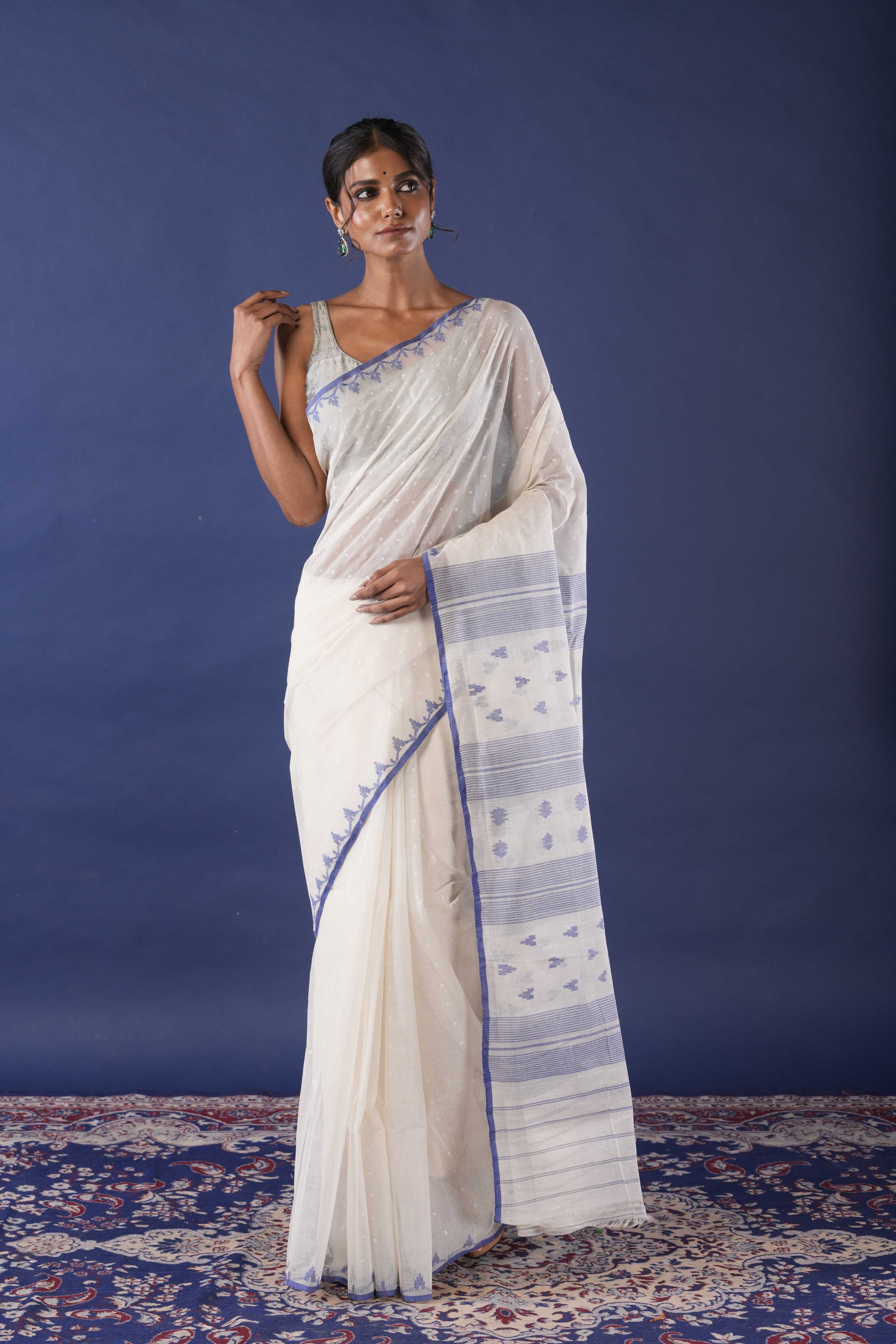 Handwoven White  Dhakai Jamdani Saree