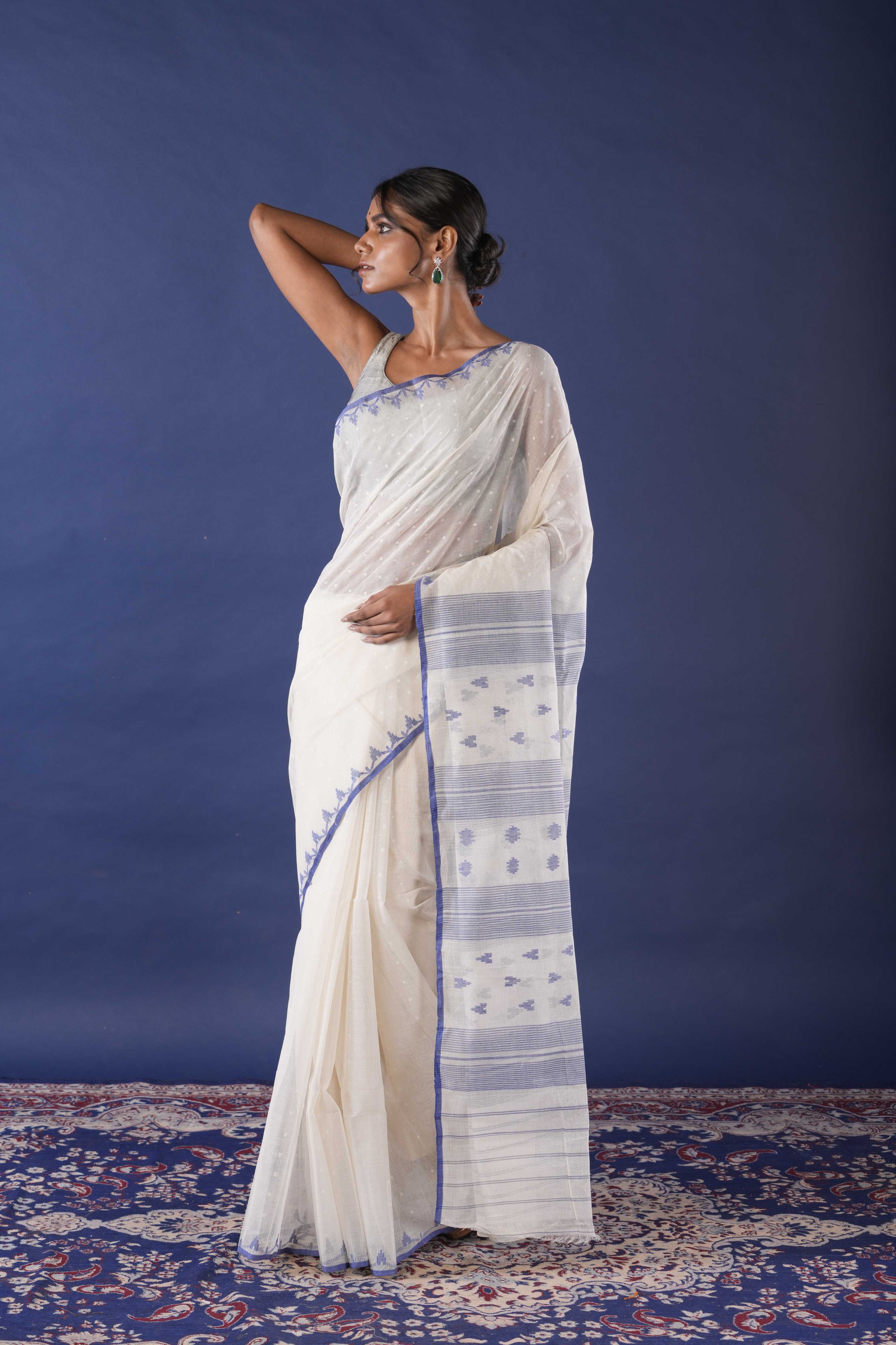Handwoven White  Dhakai Jamdani Saree