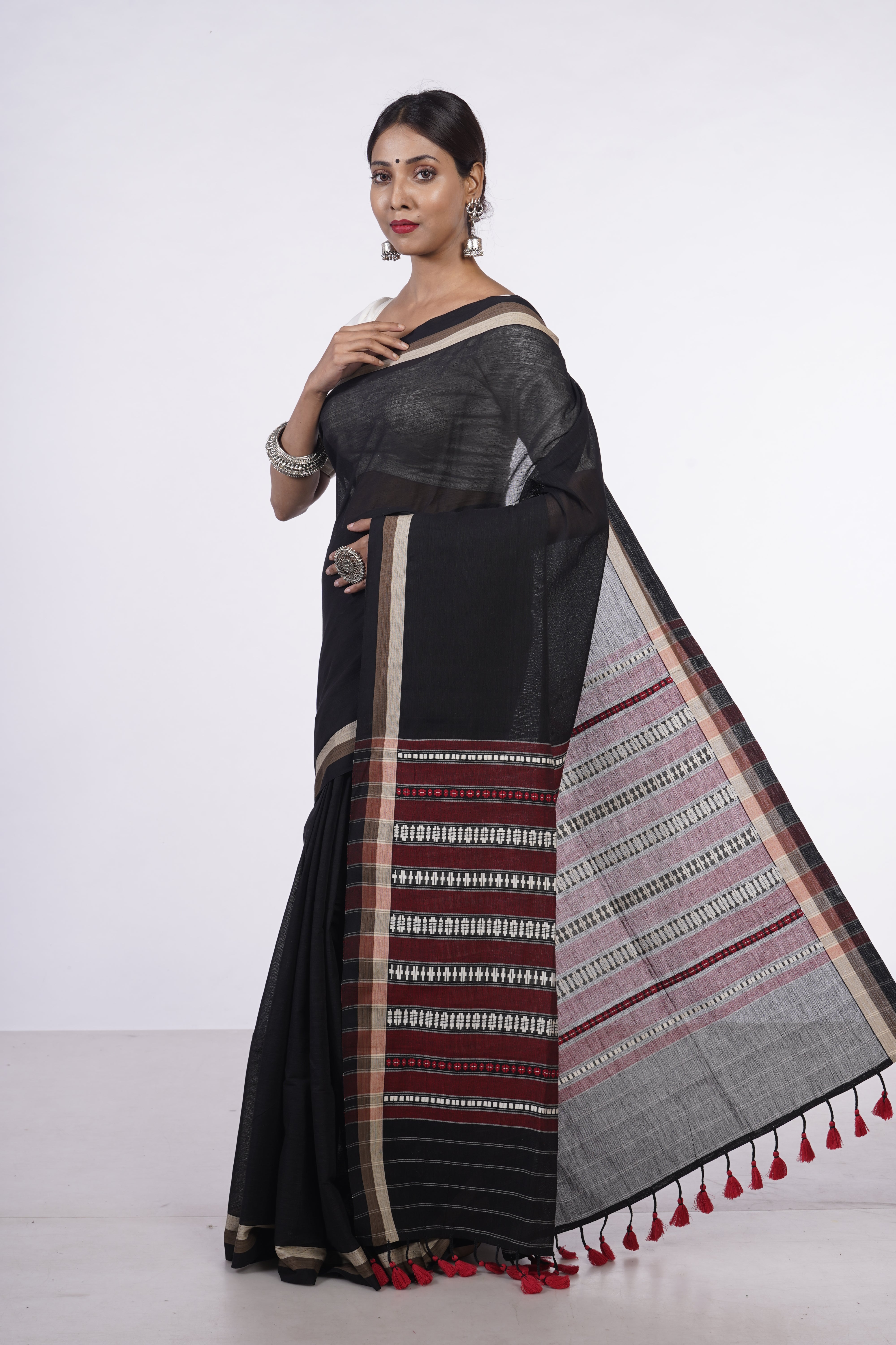 Handwoven Black cotton saree