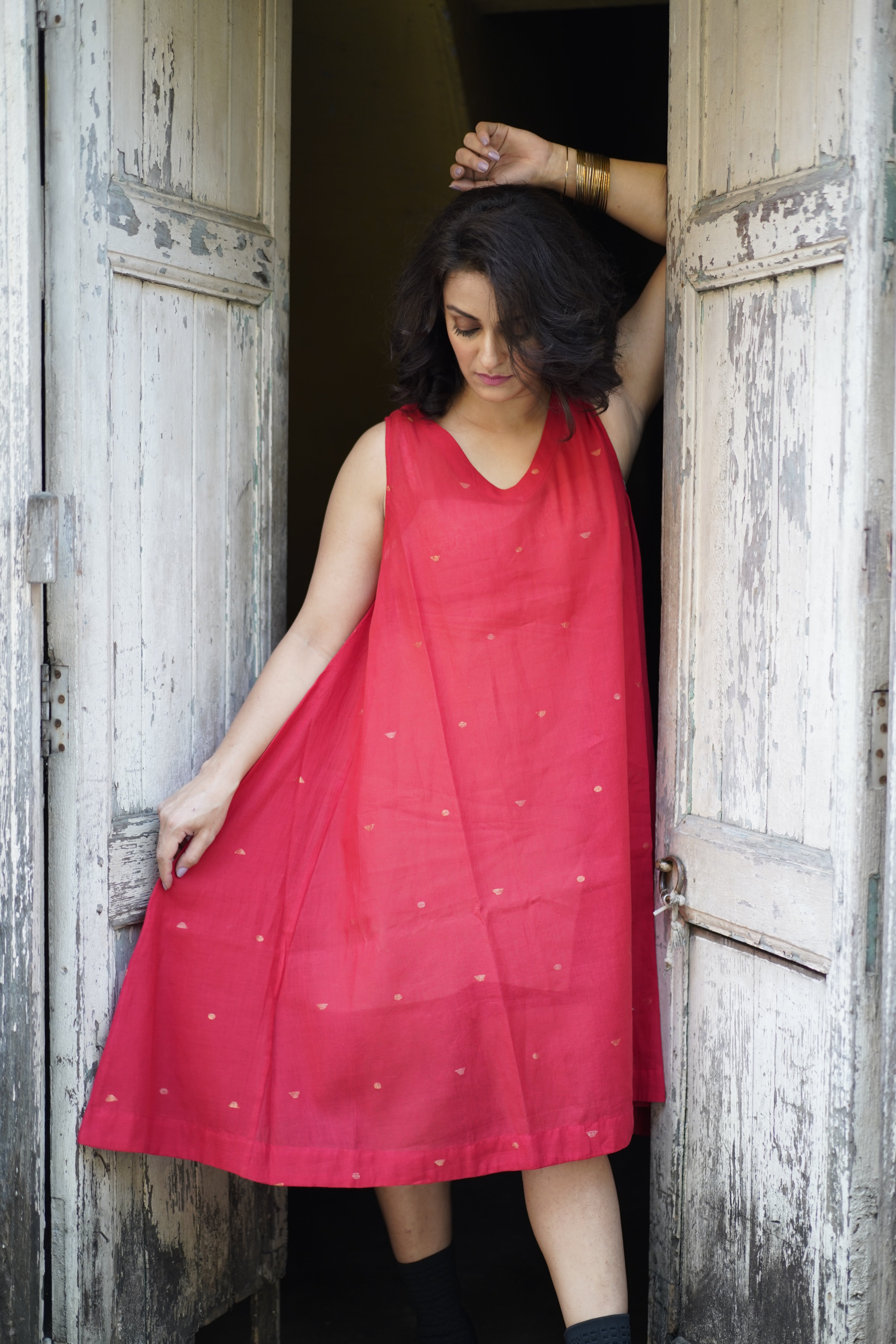 Handwoven red Jamdani dress