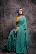 Handwoven green saree with multicolor Kantha stitch