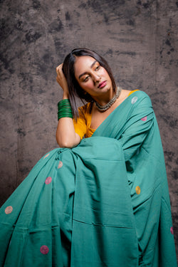 Handwoven green saree with multicolor kantha stitch