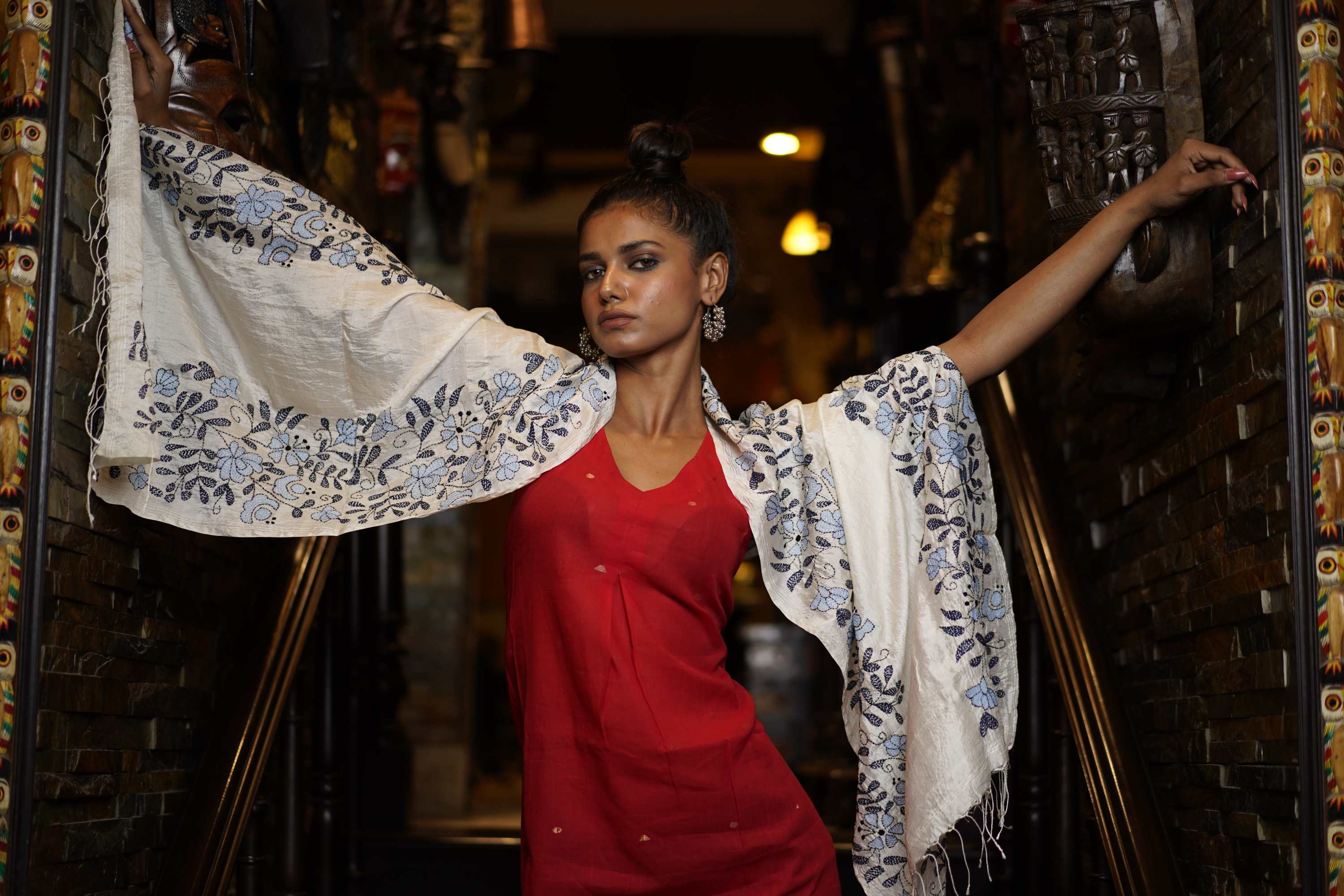 Exclusive Handwoven Silk Scarf With Kantha Work