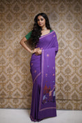Handwoven purple cotton handloom saree with Kantha work
