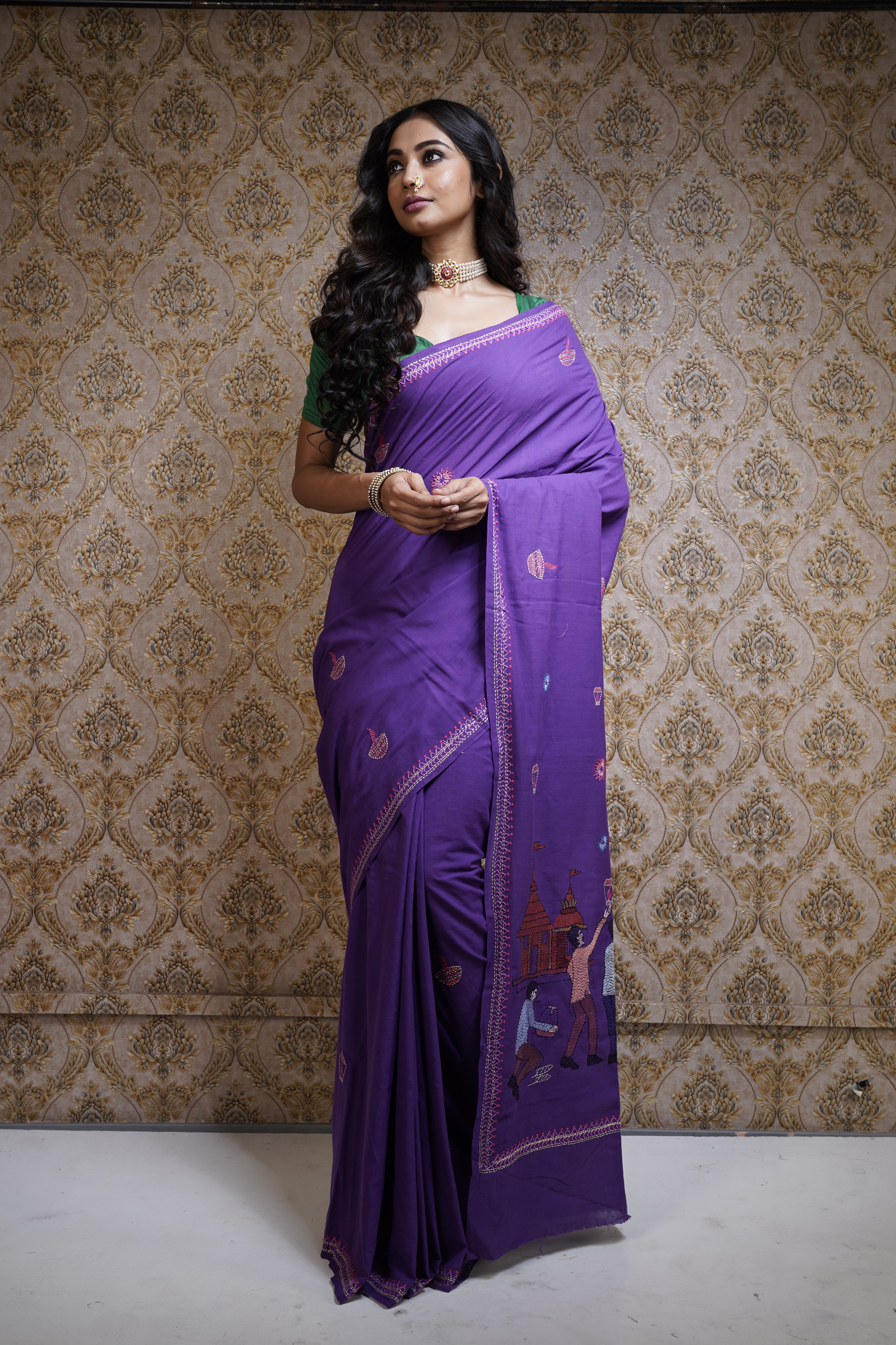 Handwoven Purple Festival Theme Cotton Saree With kantha Work