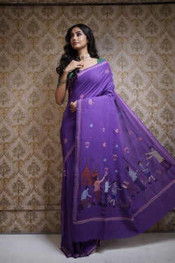 Handwoven Purple Festival Theme Cotton Saree With kantha Work