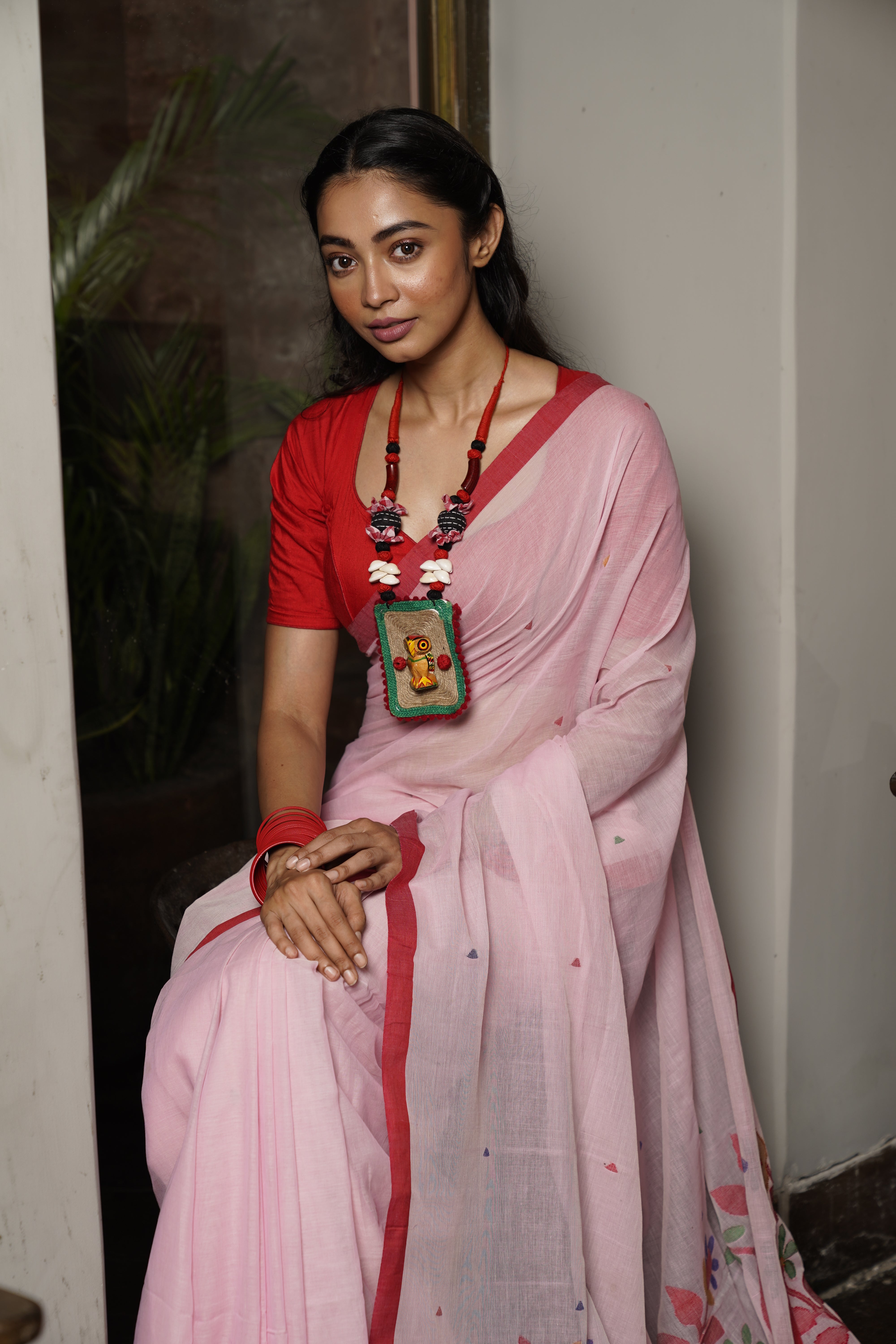 Pink Base With Red Border Cotton Saree - Aankona