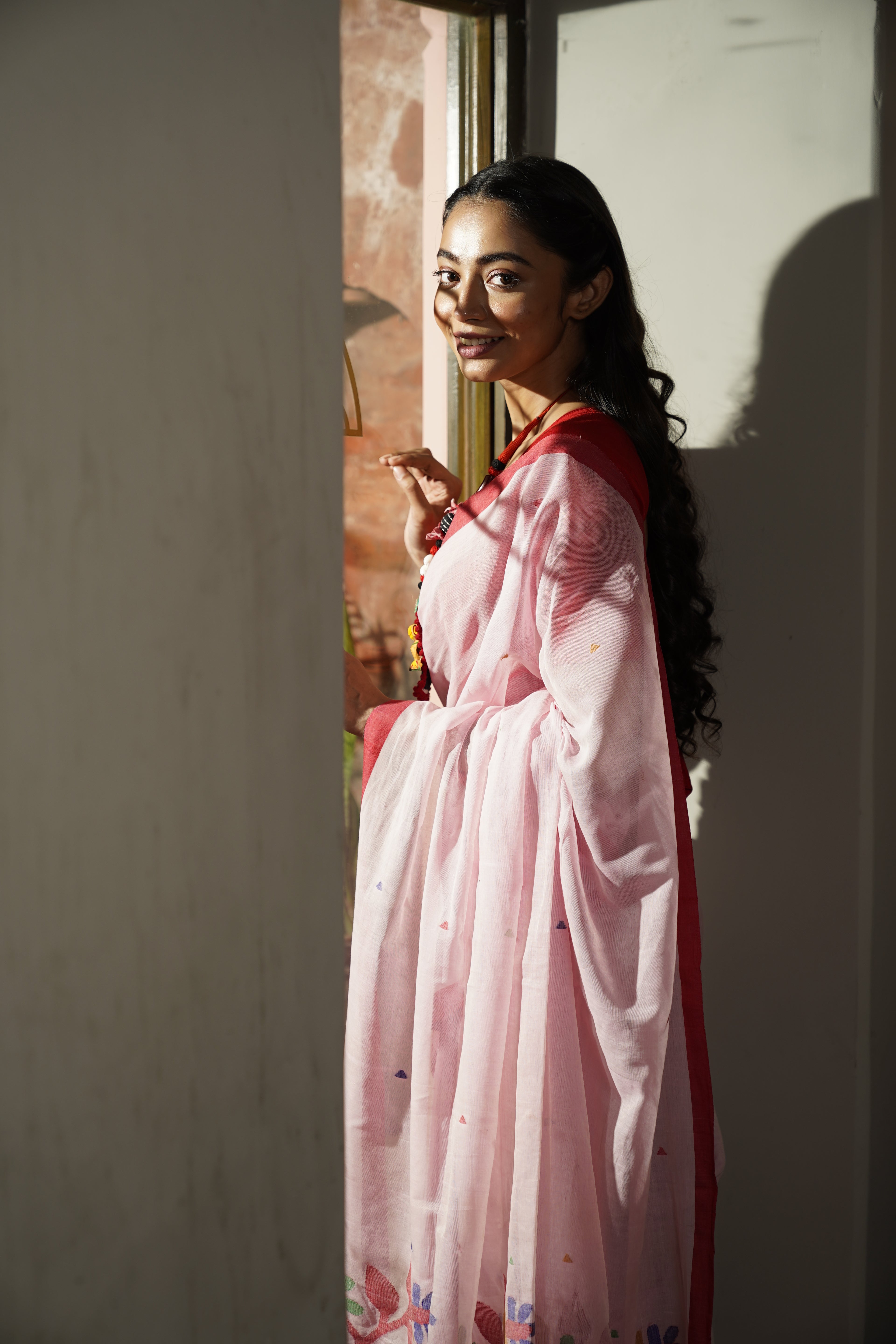 Pink Base With Red Border Cotton Saree - Aankona